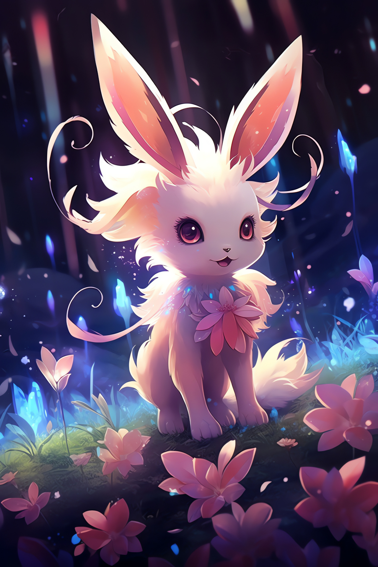 Sylveon portrayal, nymph species, blossoming terrain, floral explosion, roseate pelt, HD Phone Image