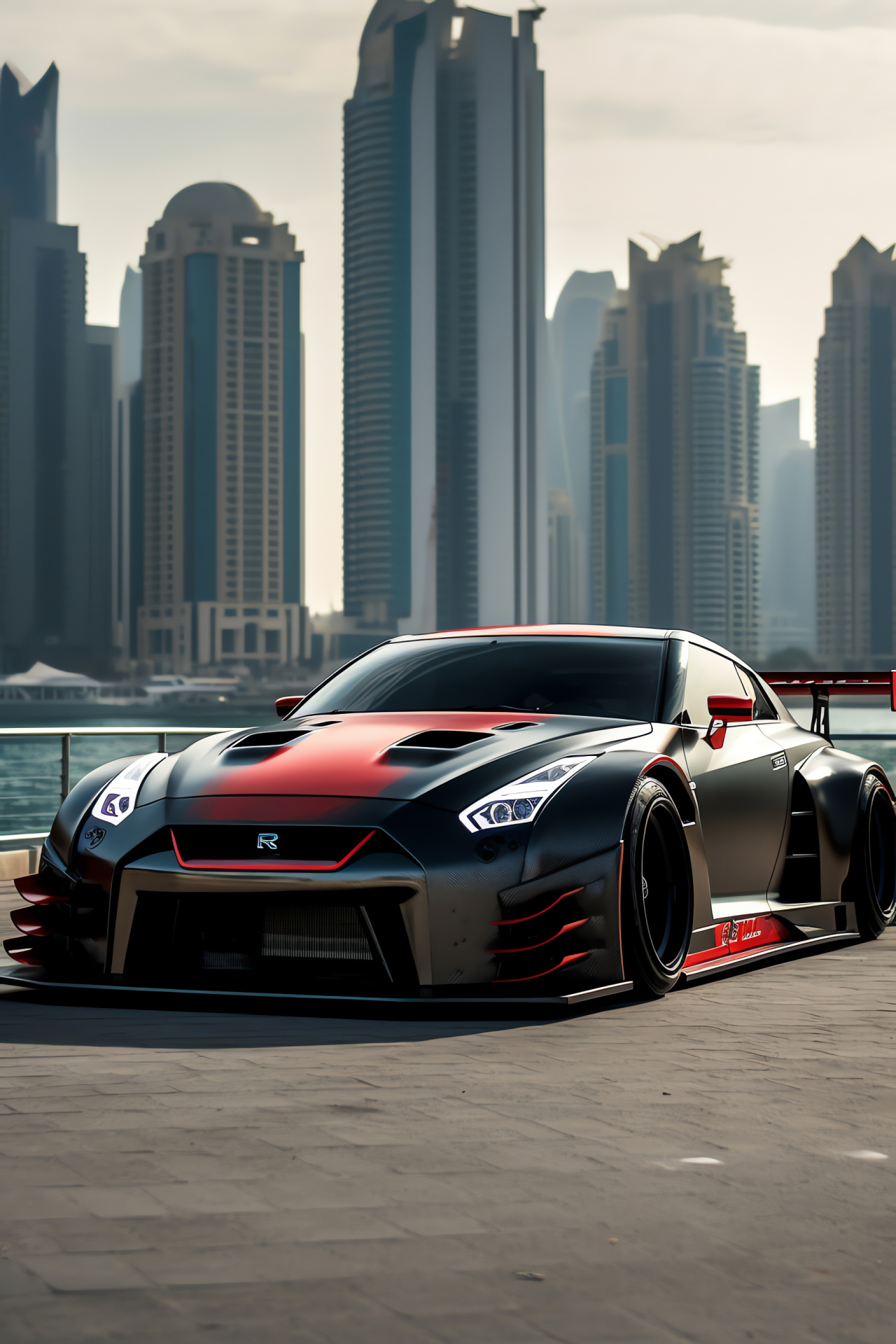 Nissan GTR Liberty Walk, Dubai skyline, modified features, contemporary flair, Arabian luxury, HD Phone Image