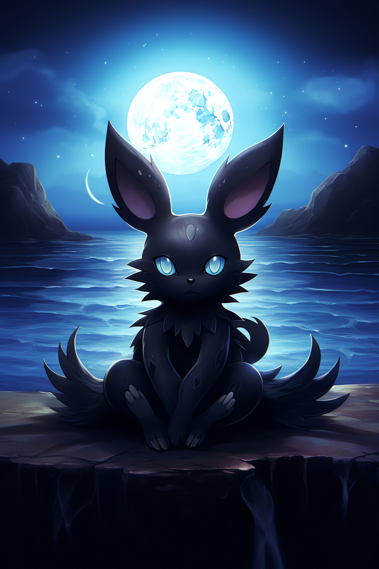 Moonlit beach encounter, Pokemon Shiny Umbreon, Gaming fantasy, Calm tides, Nocturnal serenity, HD Phone Image