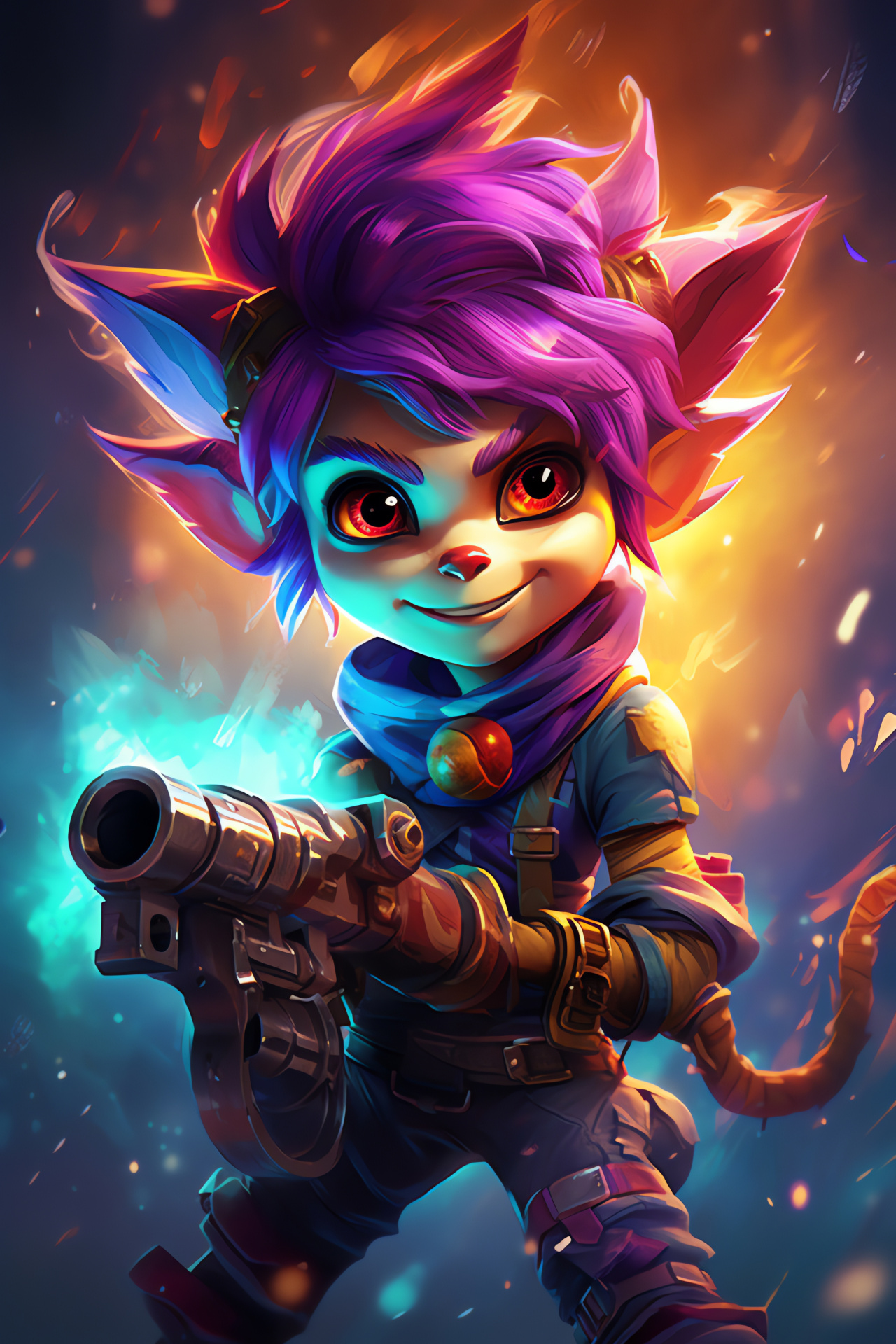 Tristana with artillery, Yordle Gunner character, Burgundy locks, Cobalt stare, League cannon-bearer, HD Phone Wallpaper