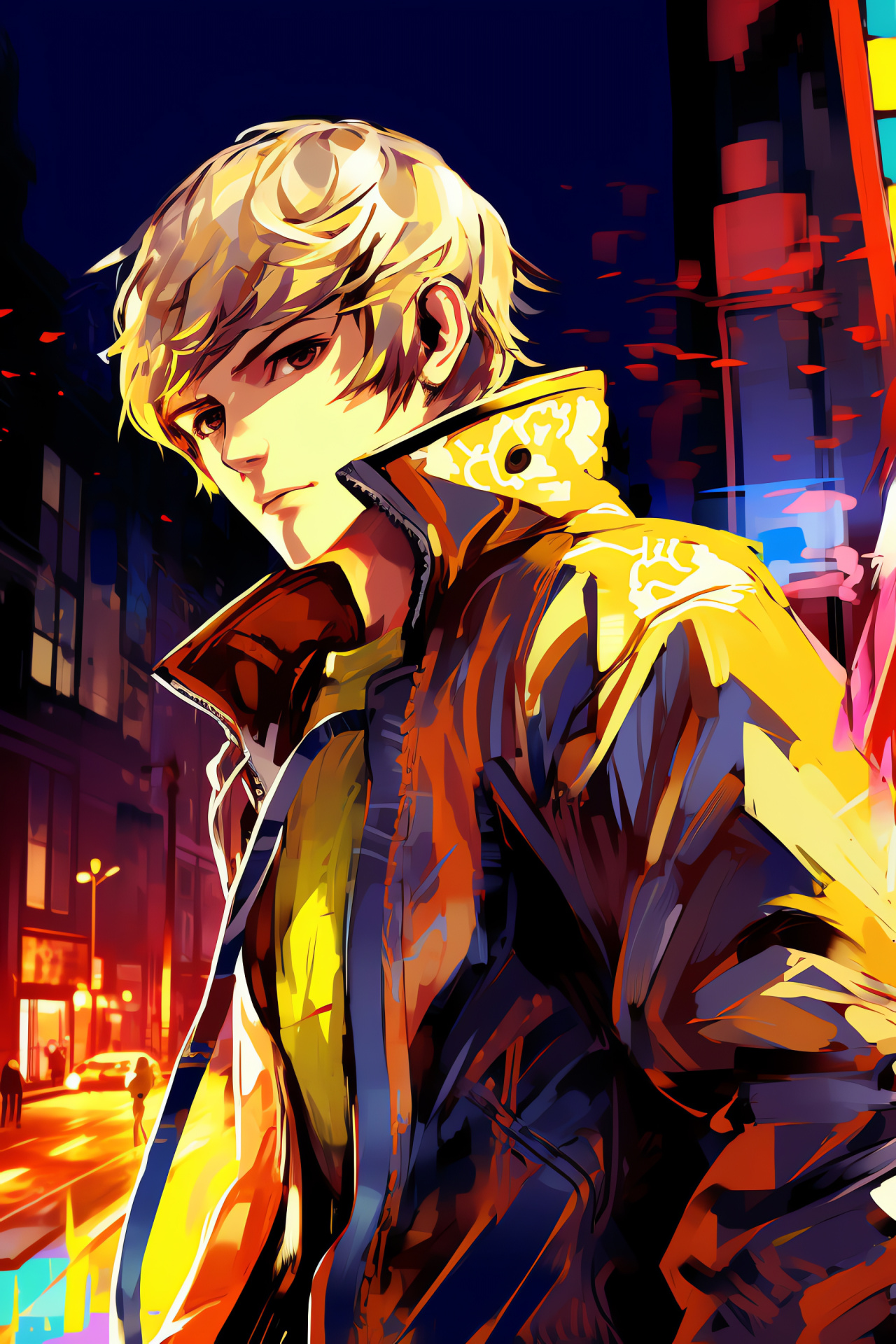 Persona 4 Golden Vita, Main character, Mythical summons, Urban skyline, Illuminated ambience, HD Phone Wallpaper