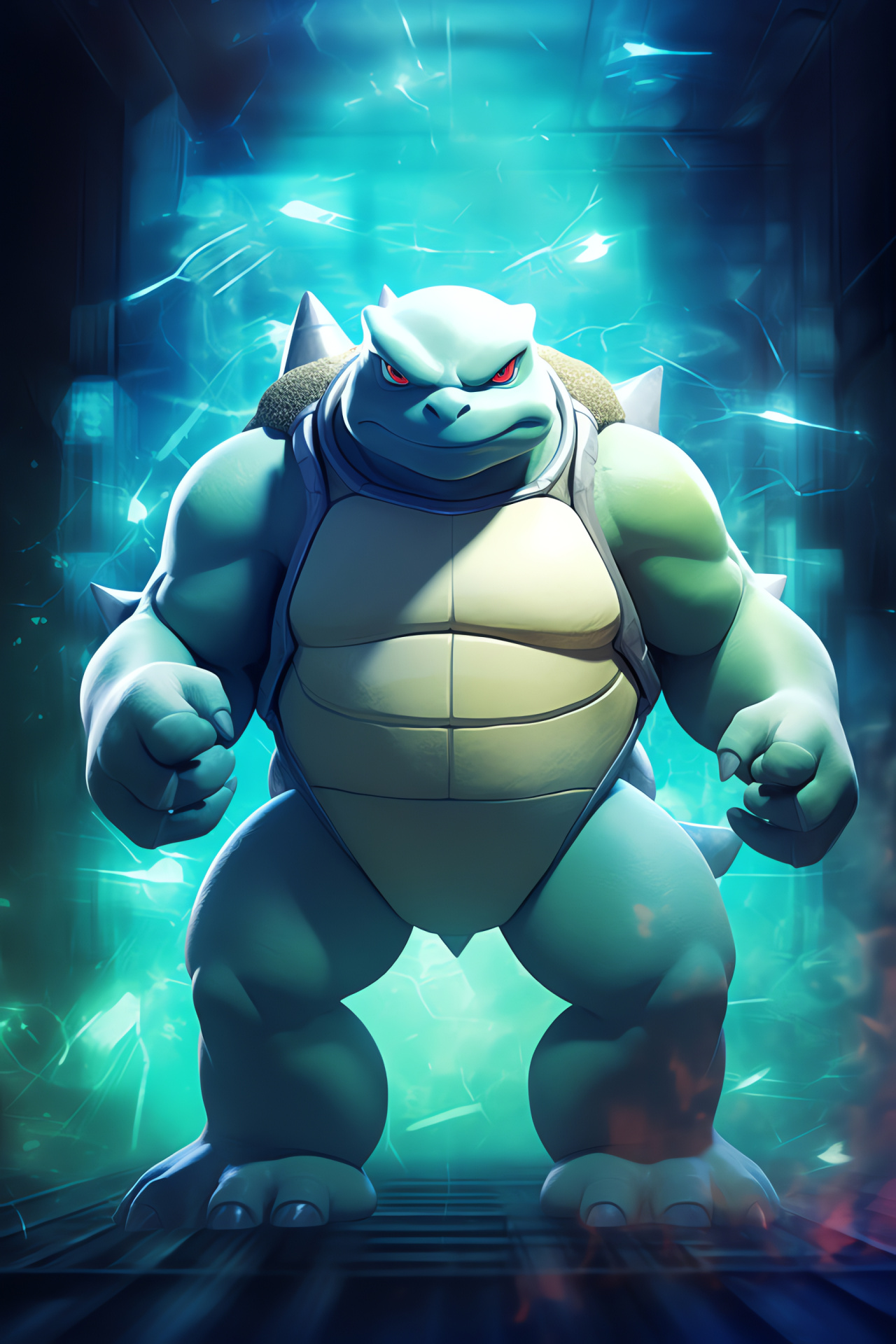 Blastoise facade, Torrent Pokemon genre, Ultramarine carapace, Concentrated creature posture, Gaze marker, HD Phone Wallpaper