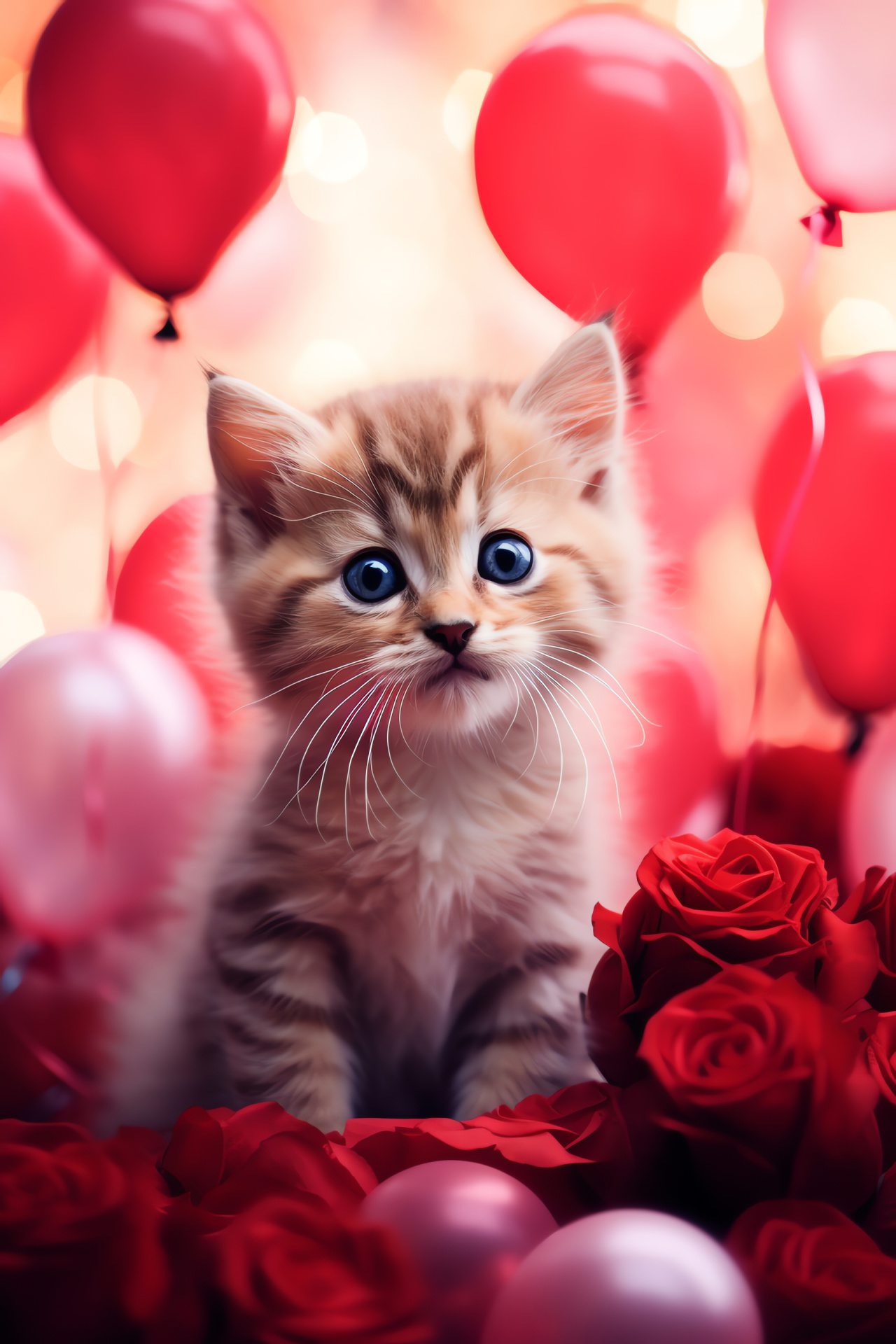 Feline Valentine symbol, Fluffy pink kitty, Cute muzzle mark, Floral gifts, Lively feline gaze, HD Phone Image