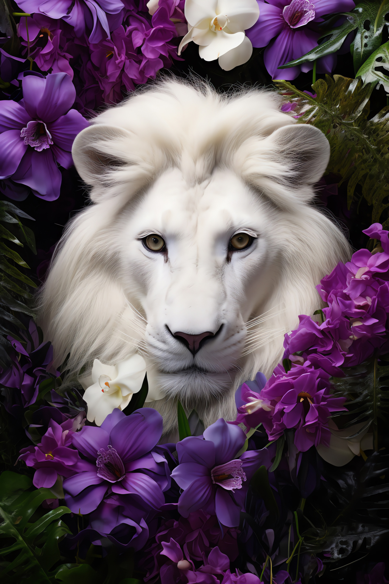 White Lion, purple flora, jungle king, exotic beauty, majestic creature, HD Phone Wallpaper