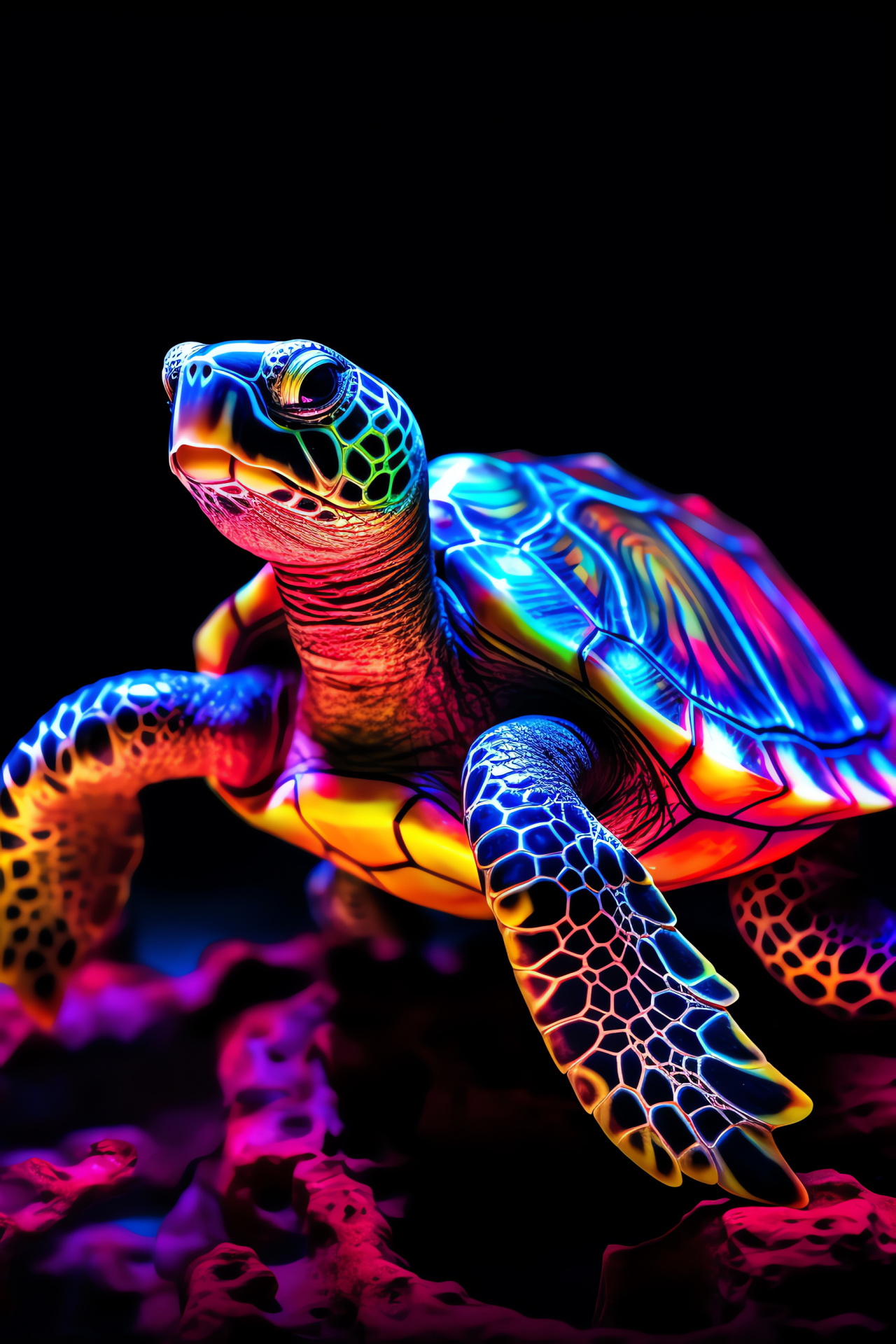 Testudines species, Psychedelic shell pattern, Fluorescent ocular glow, Tri-toned sea life context, HD Phone Wallpaper