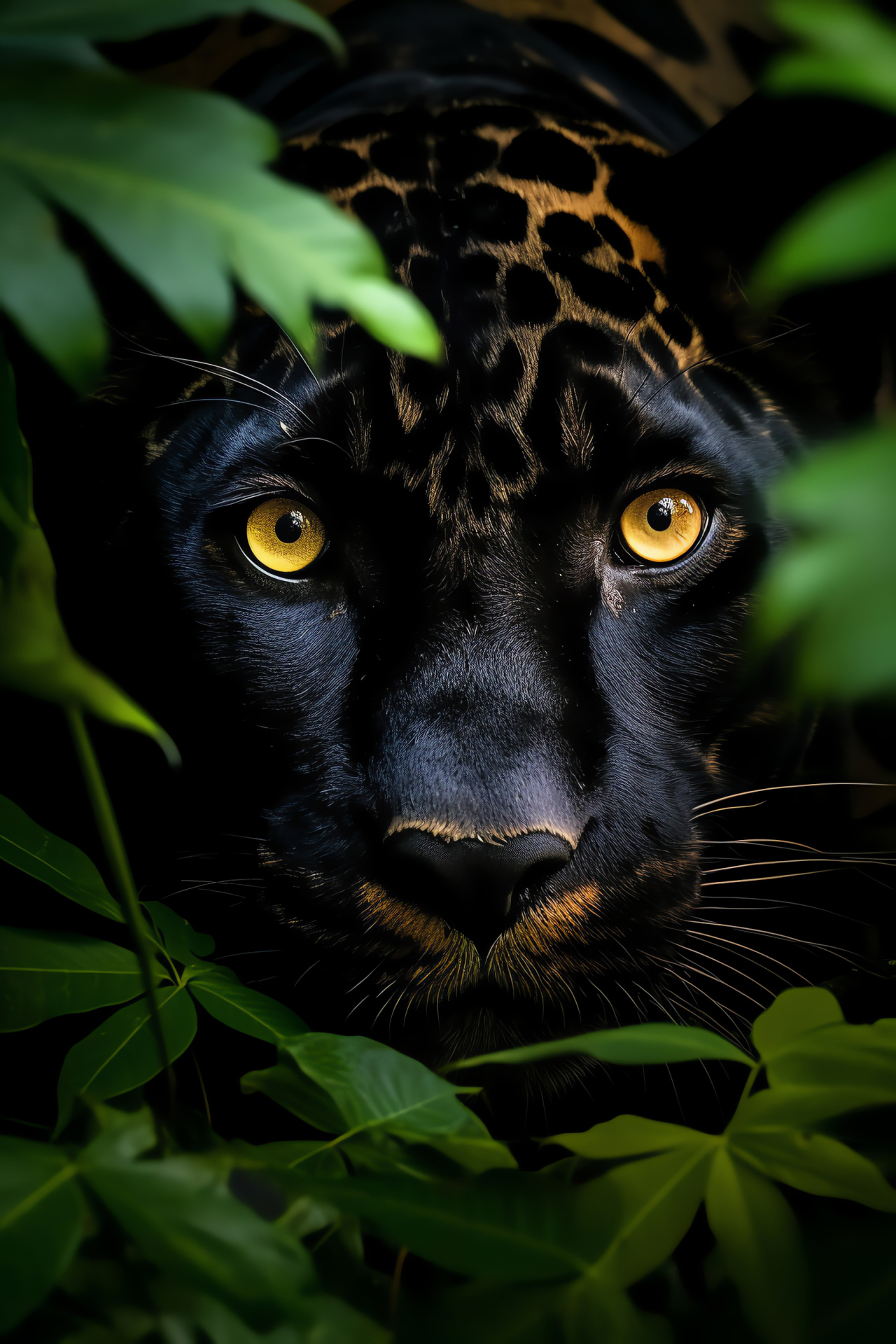 Panthera onca in habitat, Wildcat with dark fur, Jungle-adapted predator, Feline with intense optics, Big cat stealth, HD Phone Wallpaper