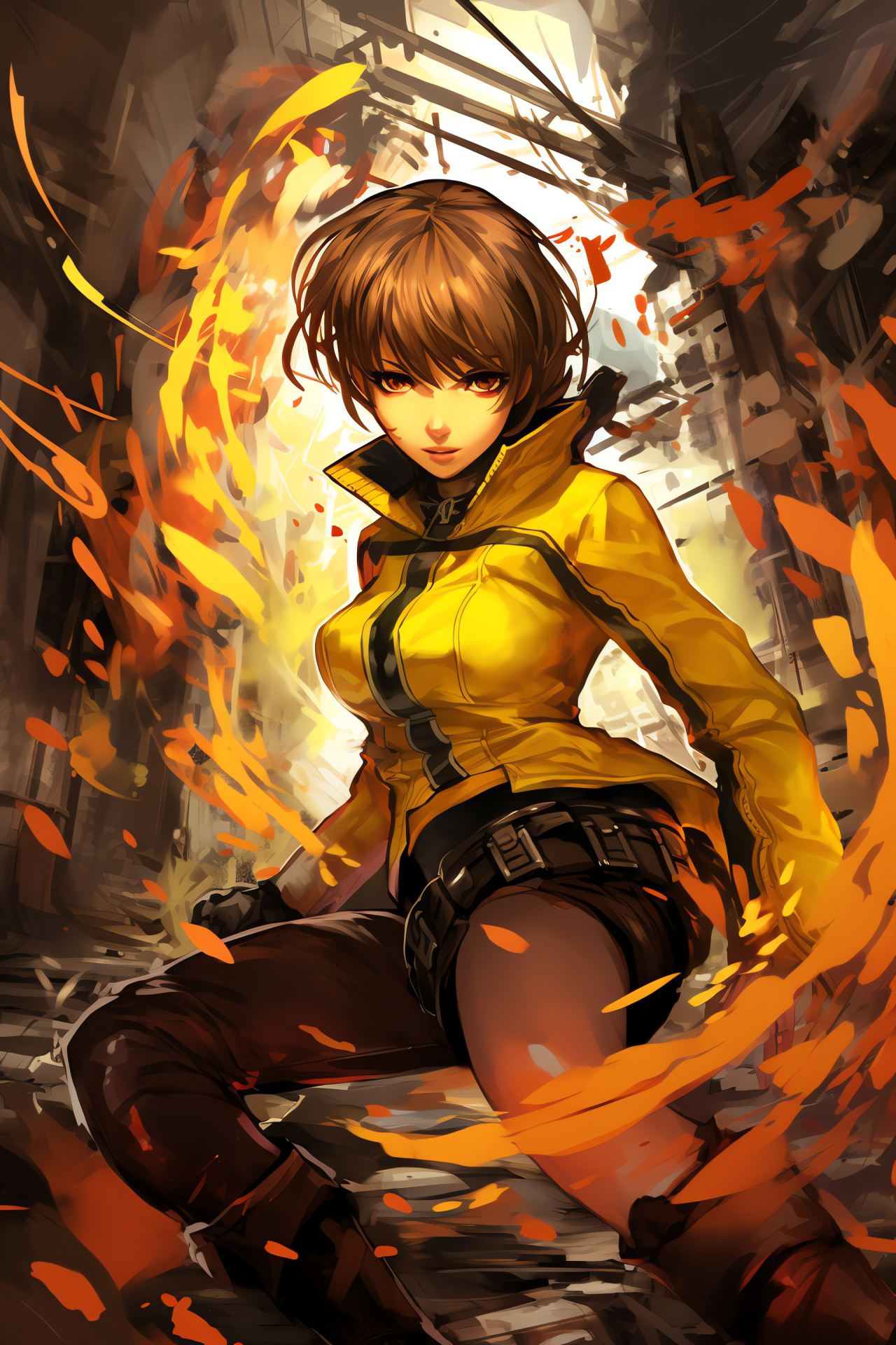 Persona 4 HD Chie Satonaka, Fighter profile, Dynamic martial move, Industrial scenery, Energetic game moment, HD Phone Image