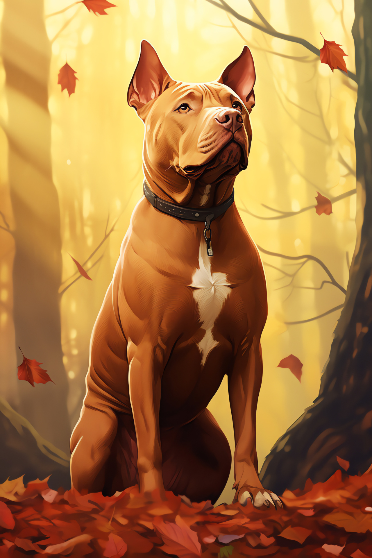 Red Nose Pitbull, glossy red coat, forest backdrop, alert posture, majestic stance, HD Phone Wallpaper