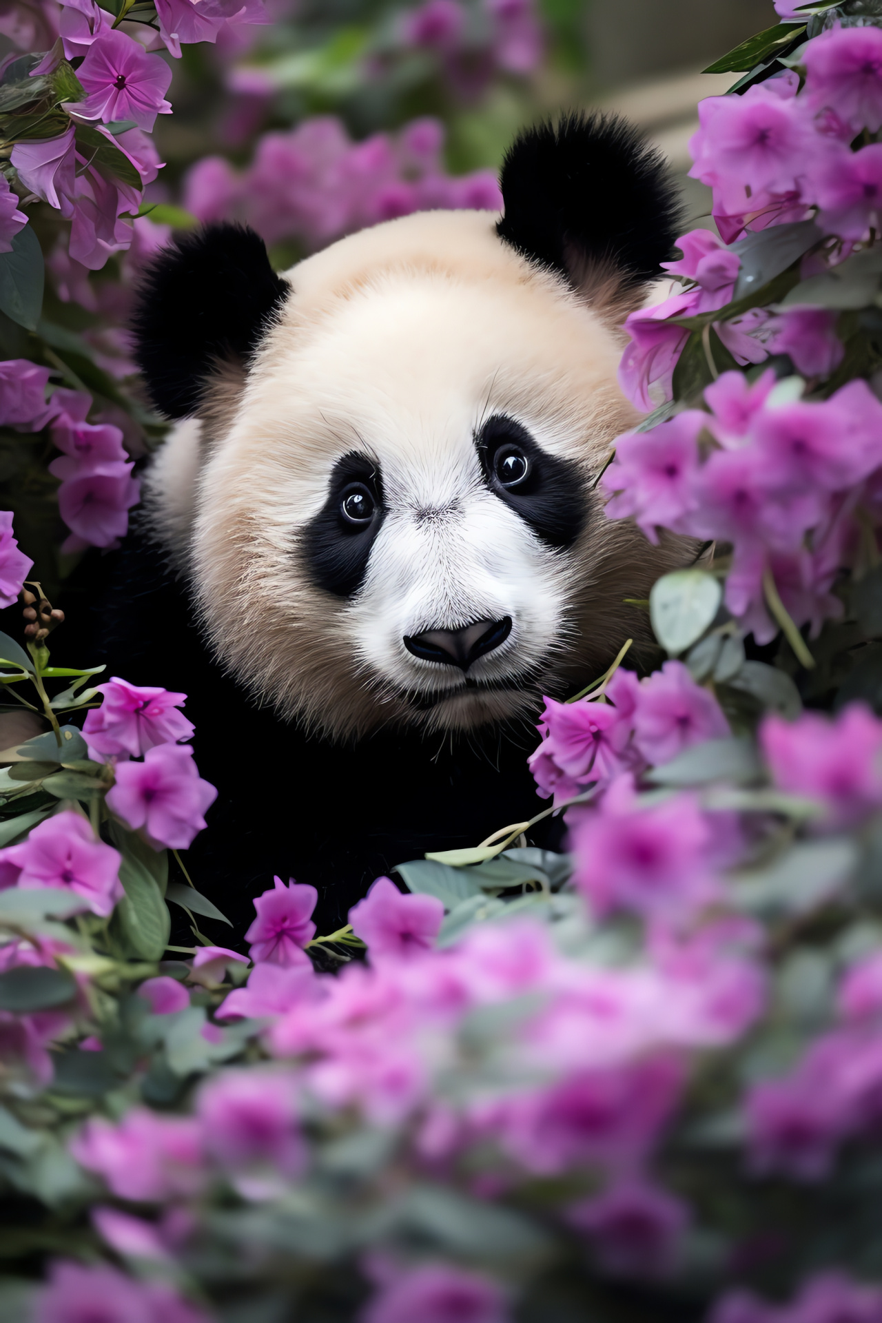 Intrigued Panda, sky-colored eyes, botanical setting, plush mantle, patterned appearance, HD Phone Wallpaper