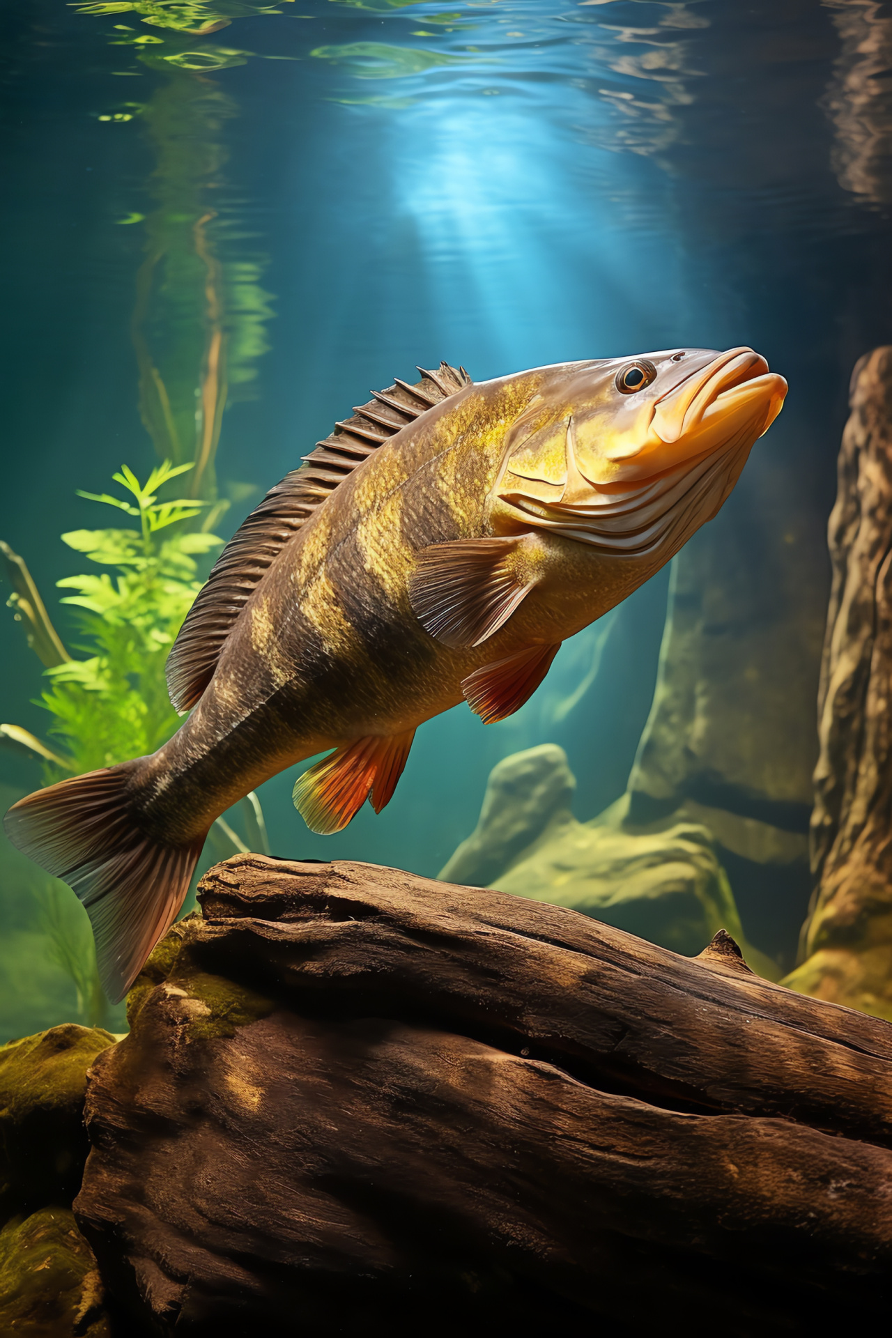 Freshwater Smallmouth Bass, Aquatic habitat, Underwater log, Peaceful current, River flora, HD Phone Image