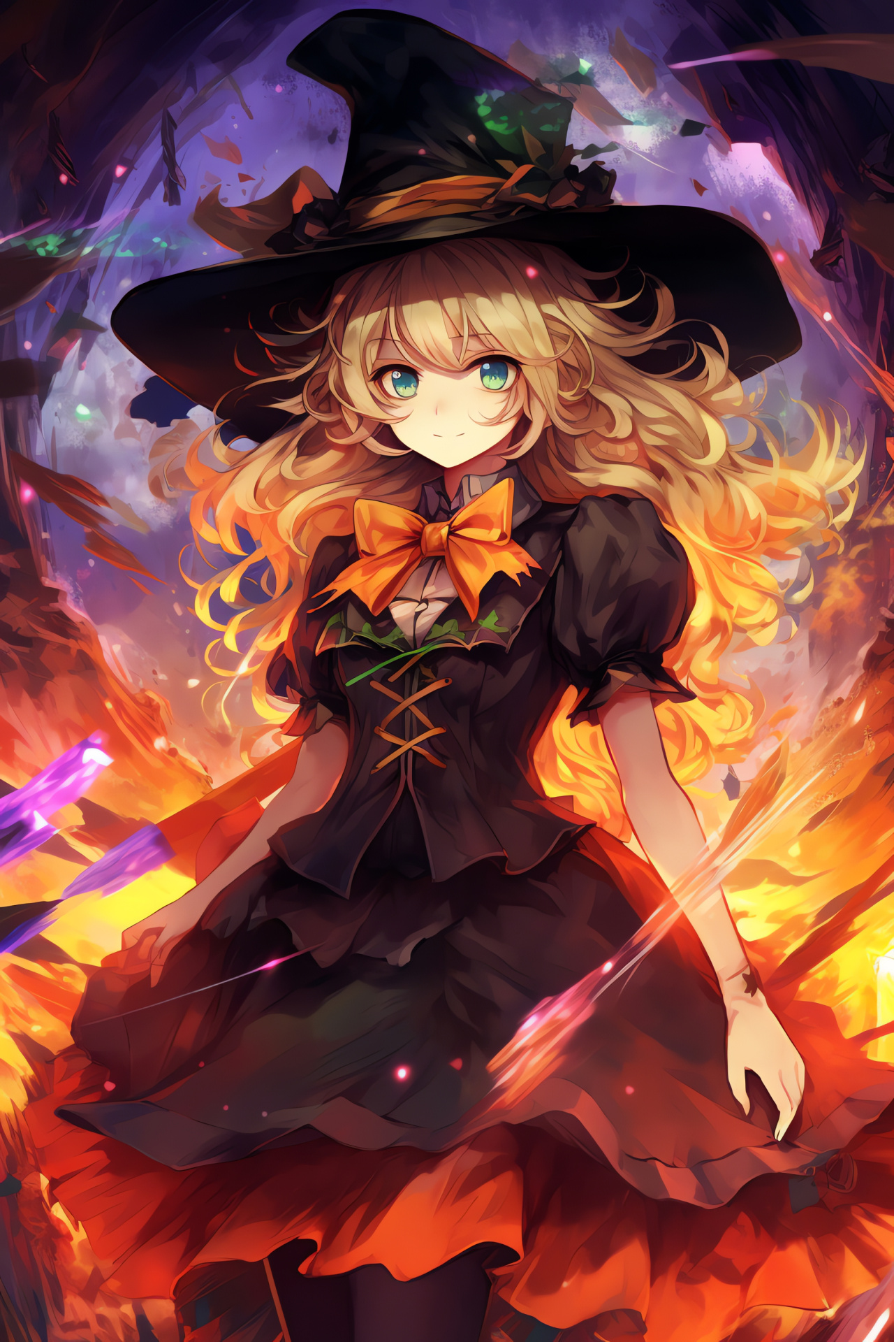 Touhou witch Marisa, Blonde-haired spellcaster, Golden eye accentuation, Flying broomstick mode, Magical flight depiction, HD Phone Wallpaper