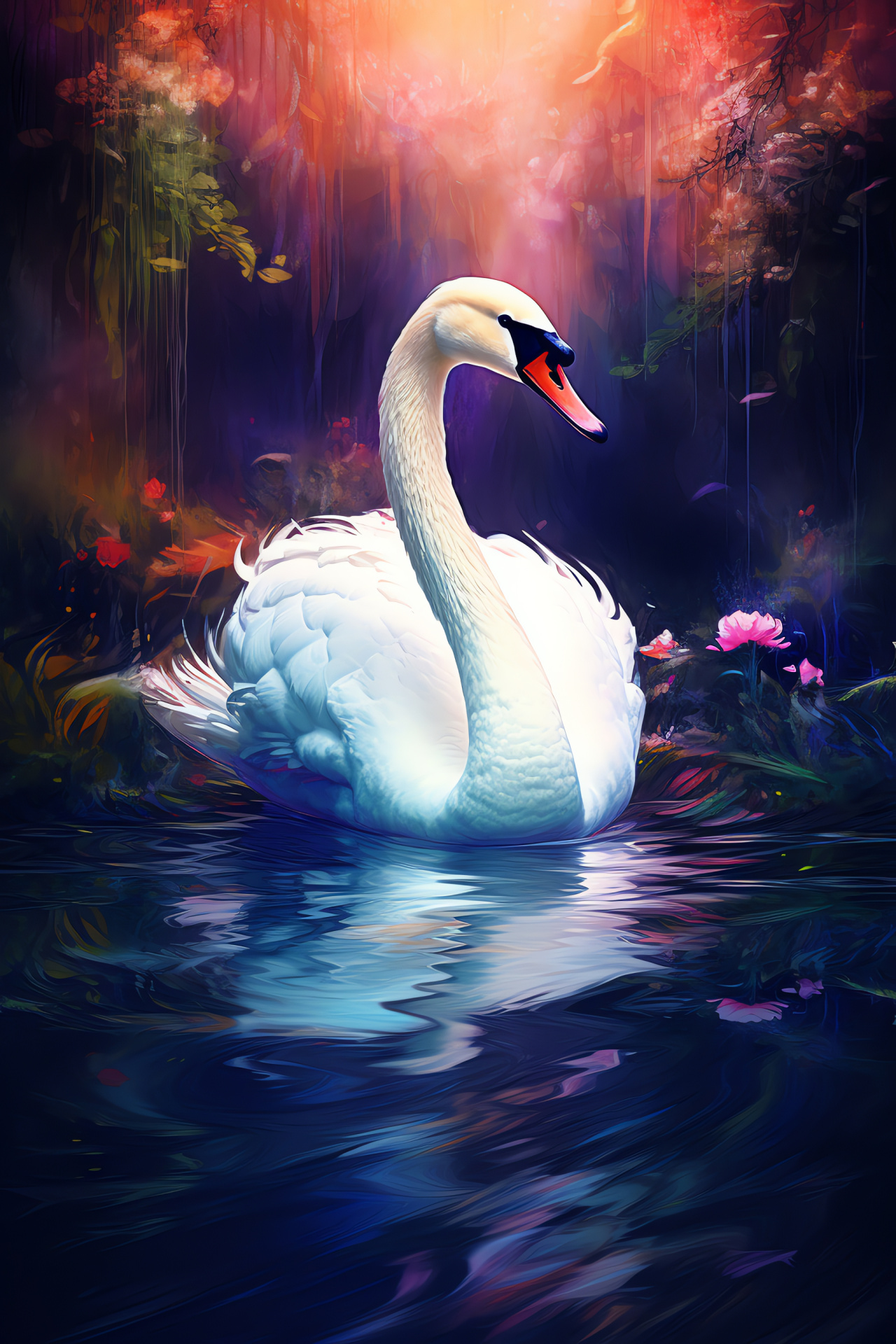 Lone swan elegance, reflective water surface, peaceful avian habitat, lustrous bird feathers, hidden pond tranquility, HD Phone Wallpaper