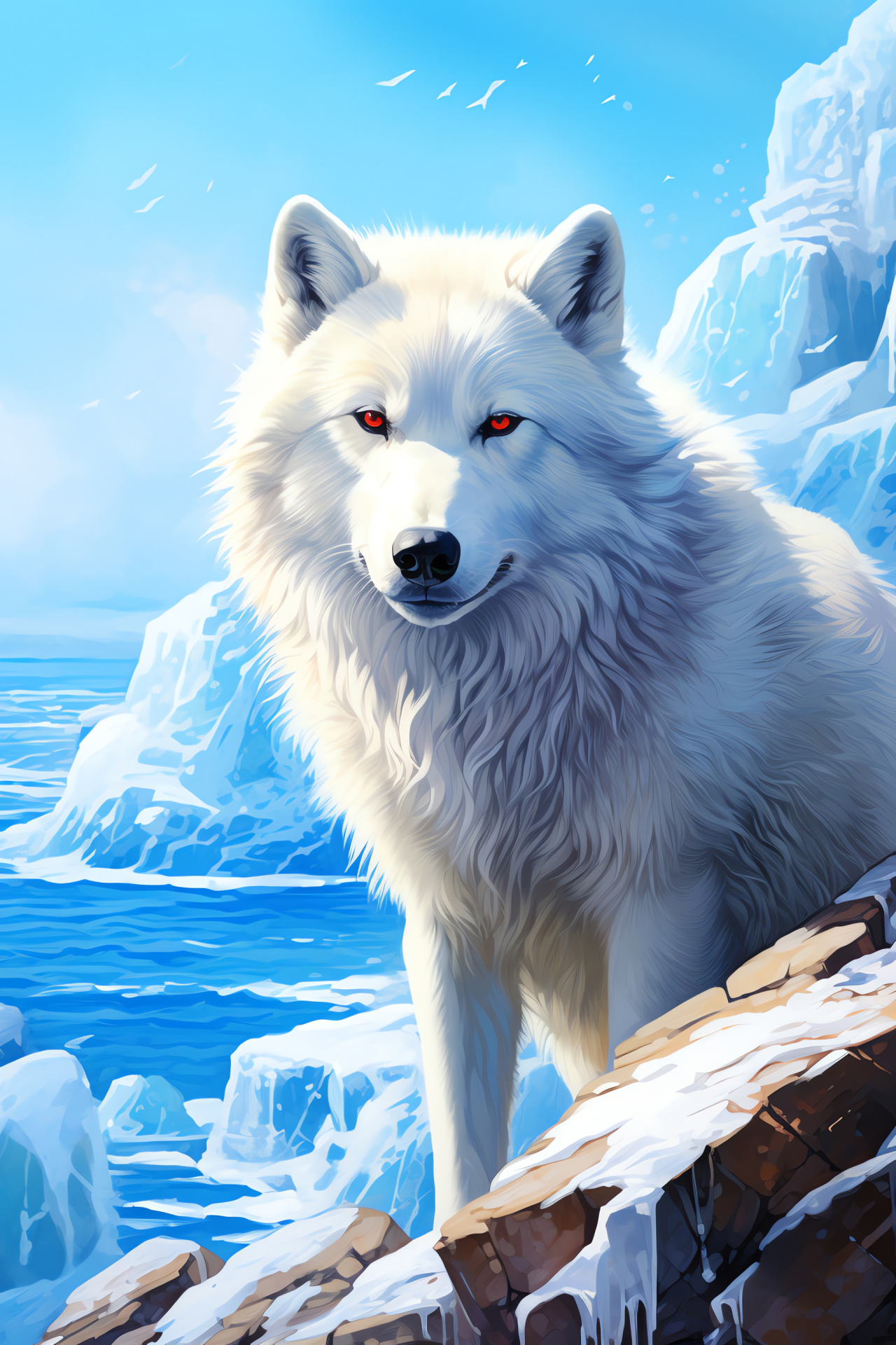 Arctic wolf, tundra inhabitant, snowy backdrop, icy gaze, alpine predator, HD Phone Image