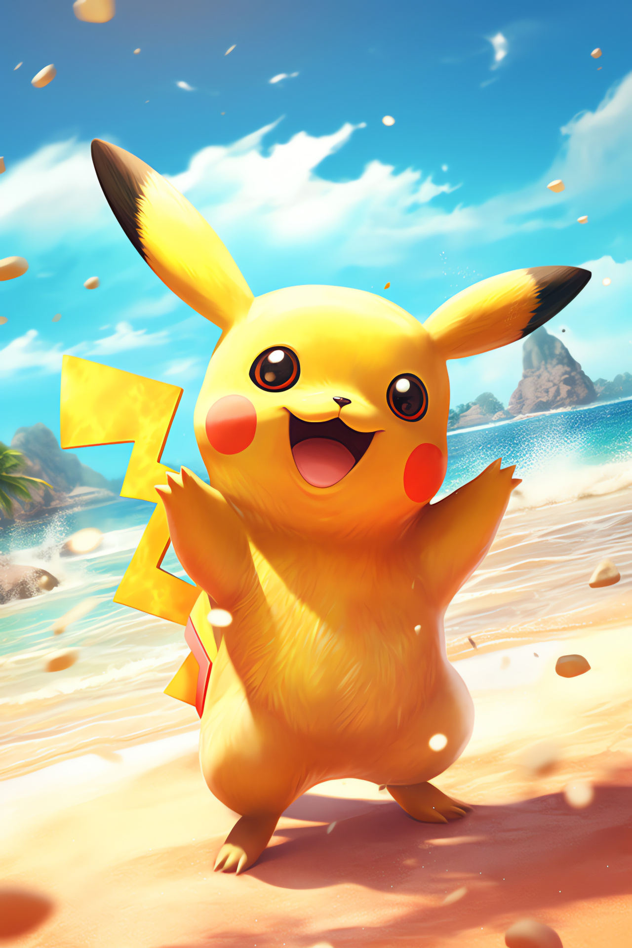 Pikachu, Seaside landscape, Warm beaches, Coconut trees, Transparent sea, HD Phone Wallpaper