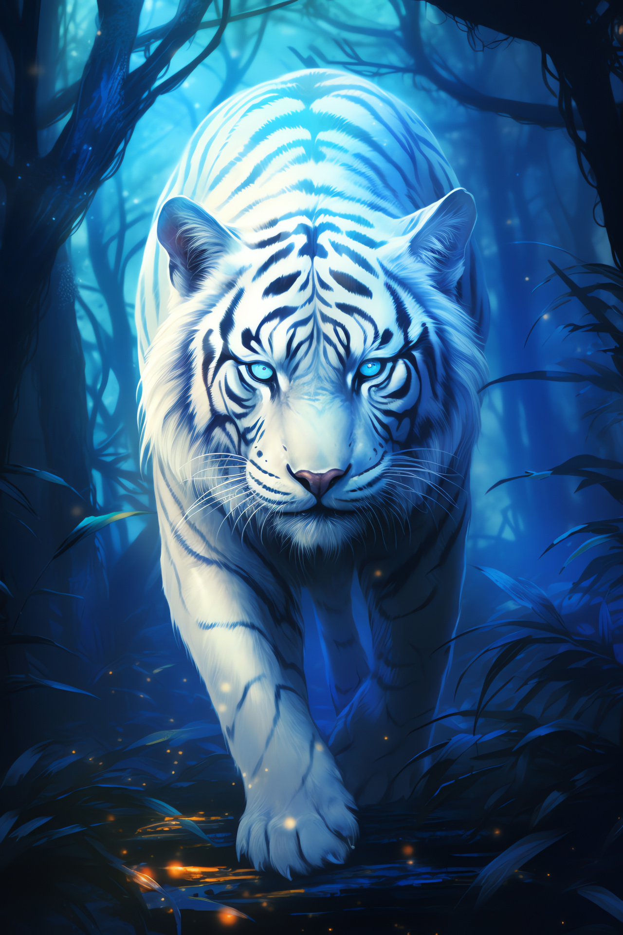 Stealthy White Tiger, nocturnal predator, luminous fur, apex hunter, serene environment, HD Phone Image