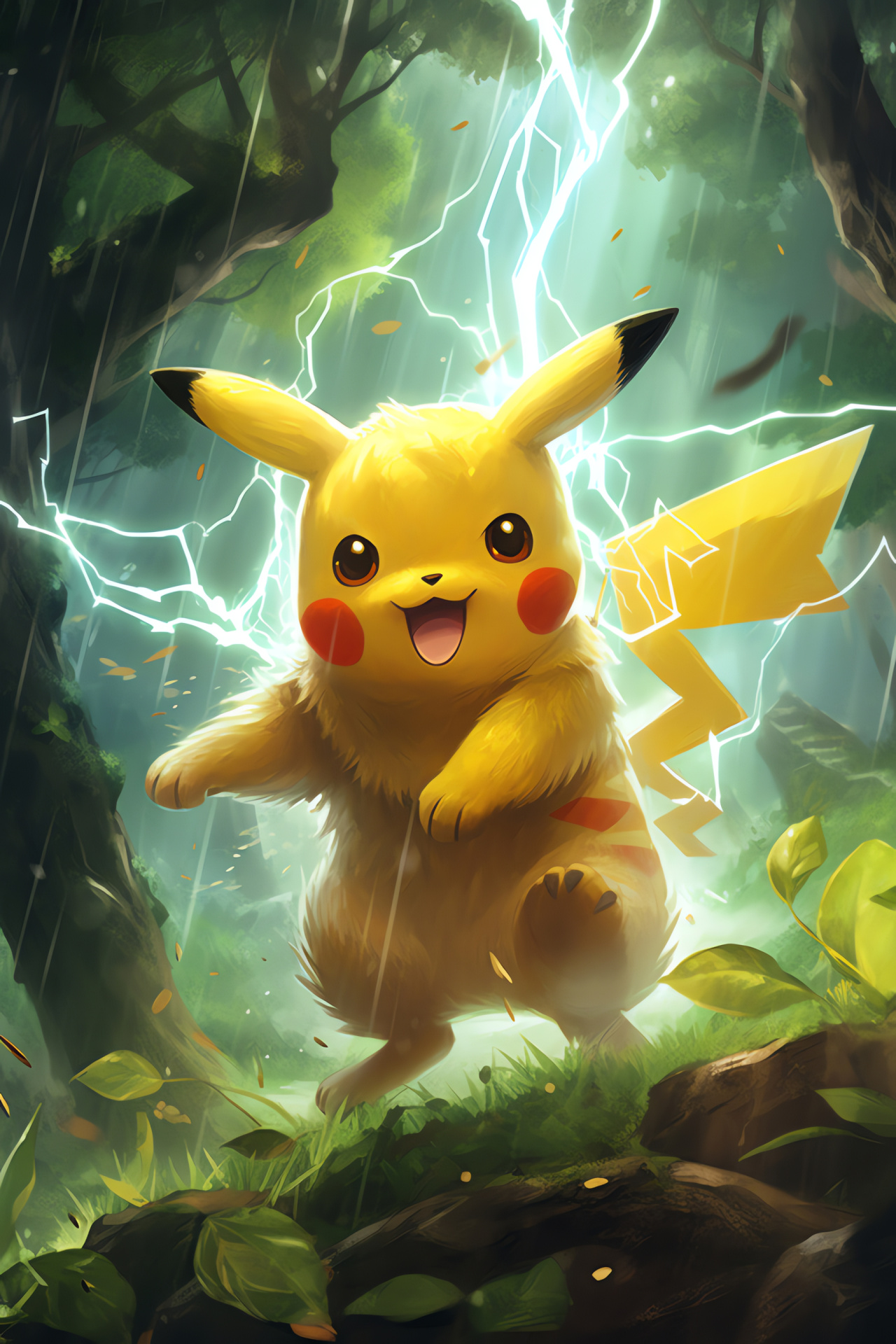 Pokemon encounter, Pikachu appearance, Electric shock, Lush forestry, Nature scene, HD Phone Wallpaper