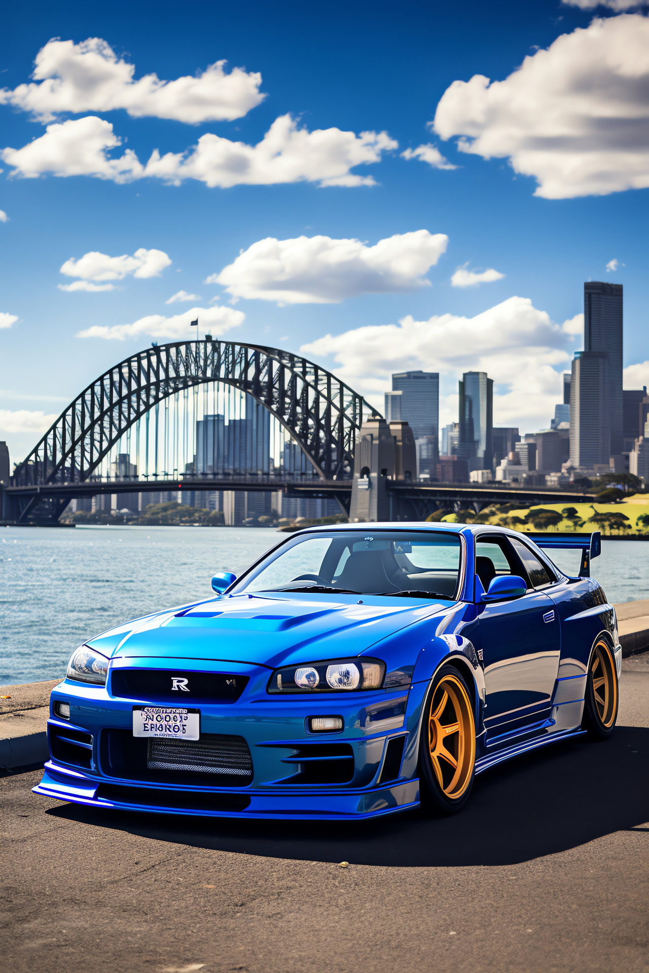 Nissan Skyline GTR R33, Sydney Harbor, Majestic bridge vista, Urban skyline, Water surface shimmer, HD Phone Image