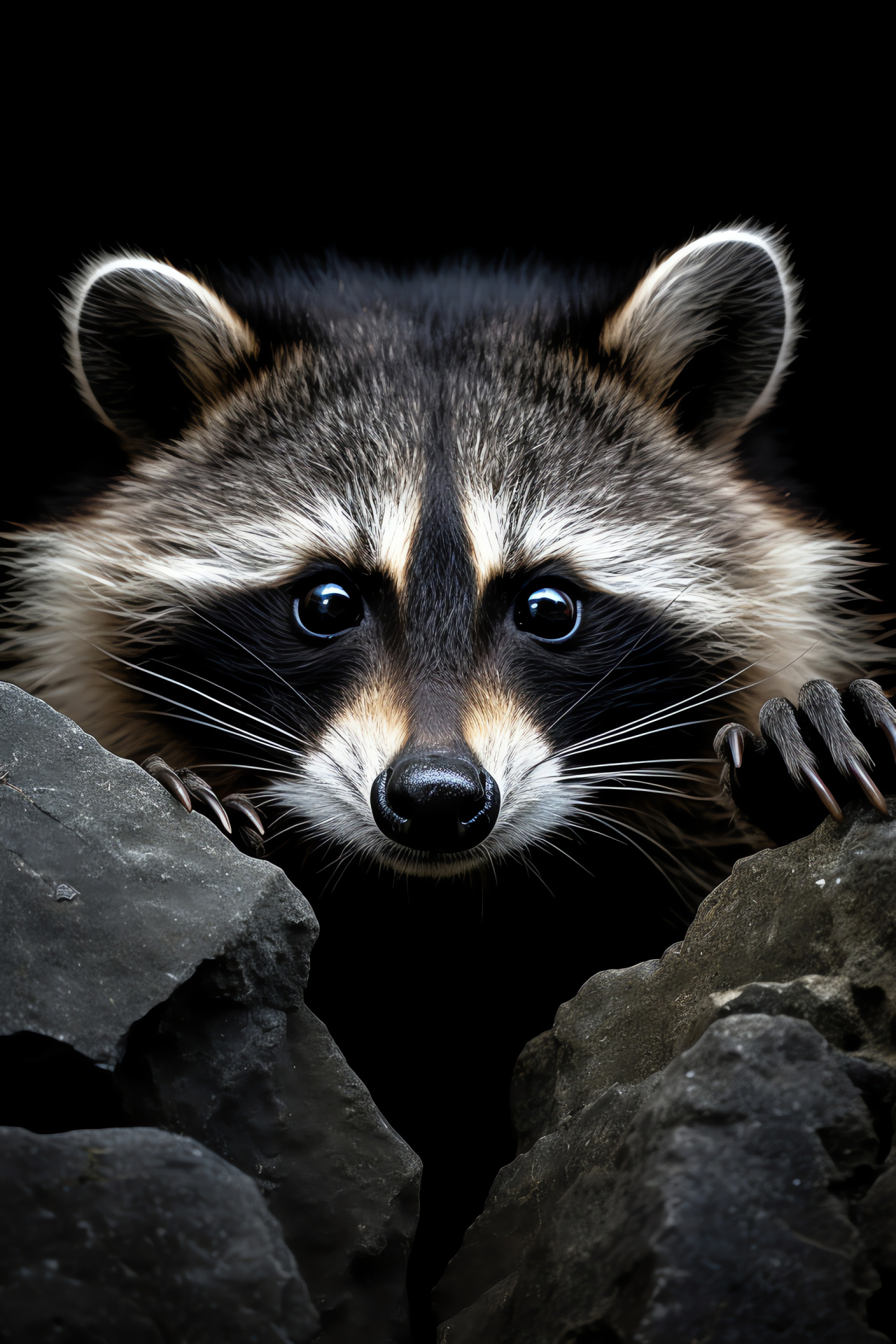 Procyonid visage, jet mane, pearl pelage, inquisitive demeanor, solid abyss backdrop, HD Phone Wallpaper