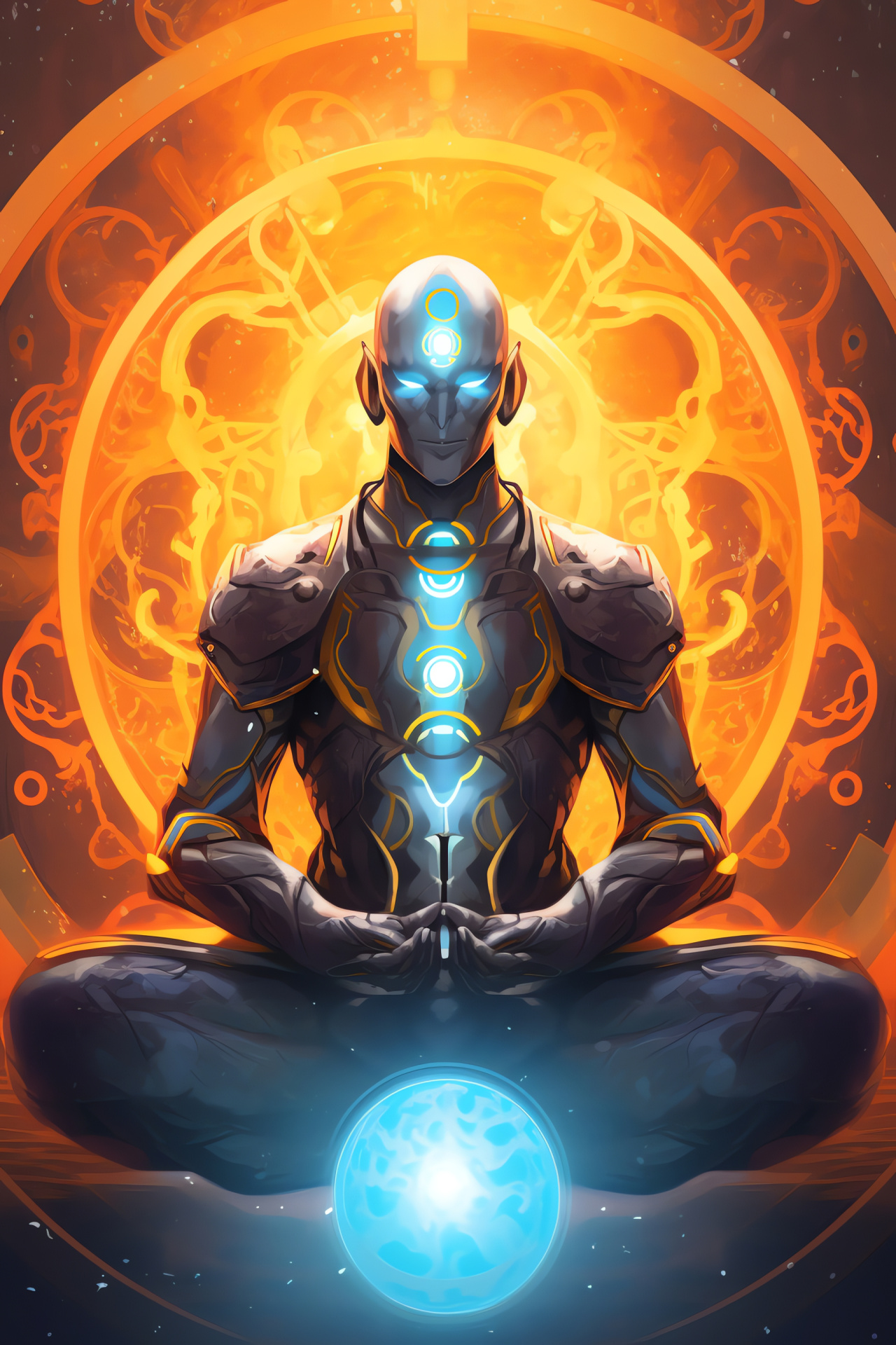 Game monk Zenyatta, Enlightened bot, Hovering spheres, Expansive view, Tranquil stance, HD Phone Wallpaper