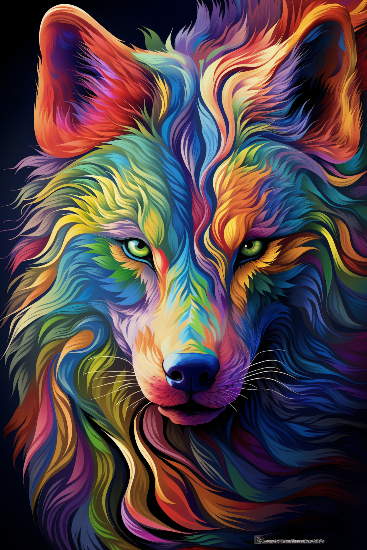 Mystical wolf, Spectrum-eyed canine, Psychedelic fur patterns, Ethereal animal presence, Fantasy creature, HD Phone Image