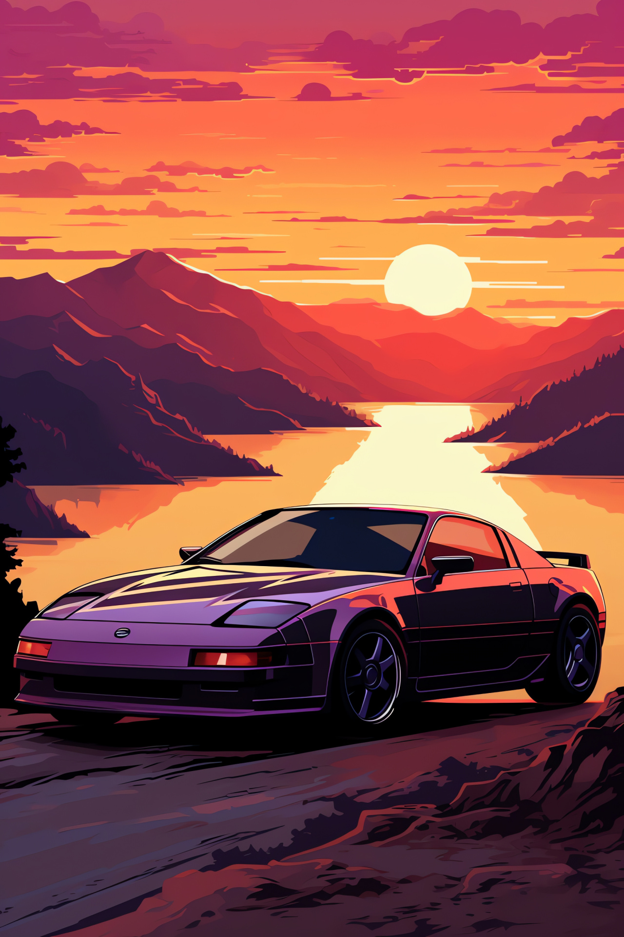 Nissan 300ZX model, Sophisticated machine, Panoramic vistas, Automotive photography, Twilight scene, HD Phone Wallpaper