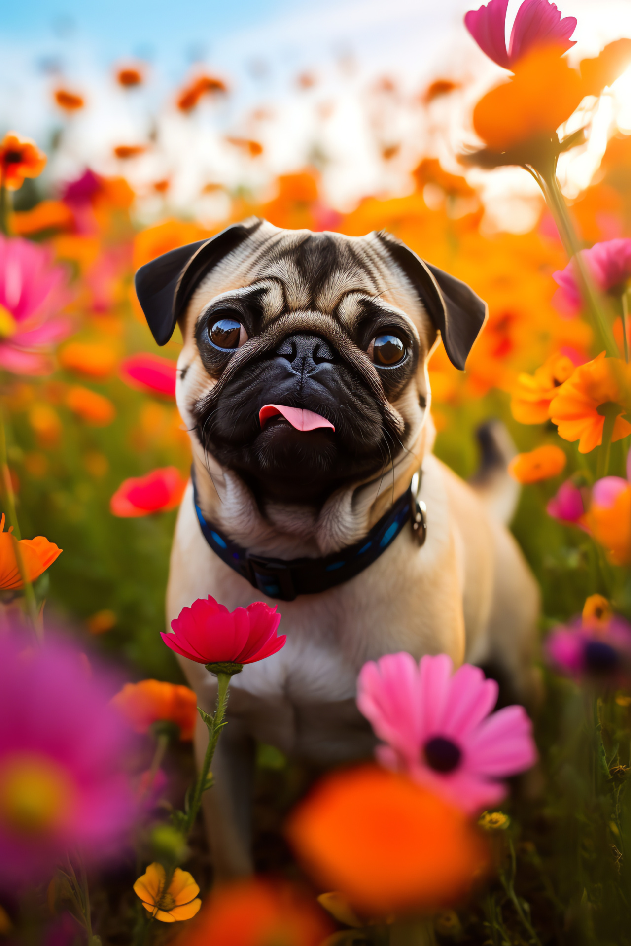 Fawn Pug dog, Floral surround setting, Pug's coat texture, Expressive canine eyes, Pug's distinctive mask, HD Phone Image