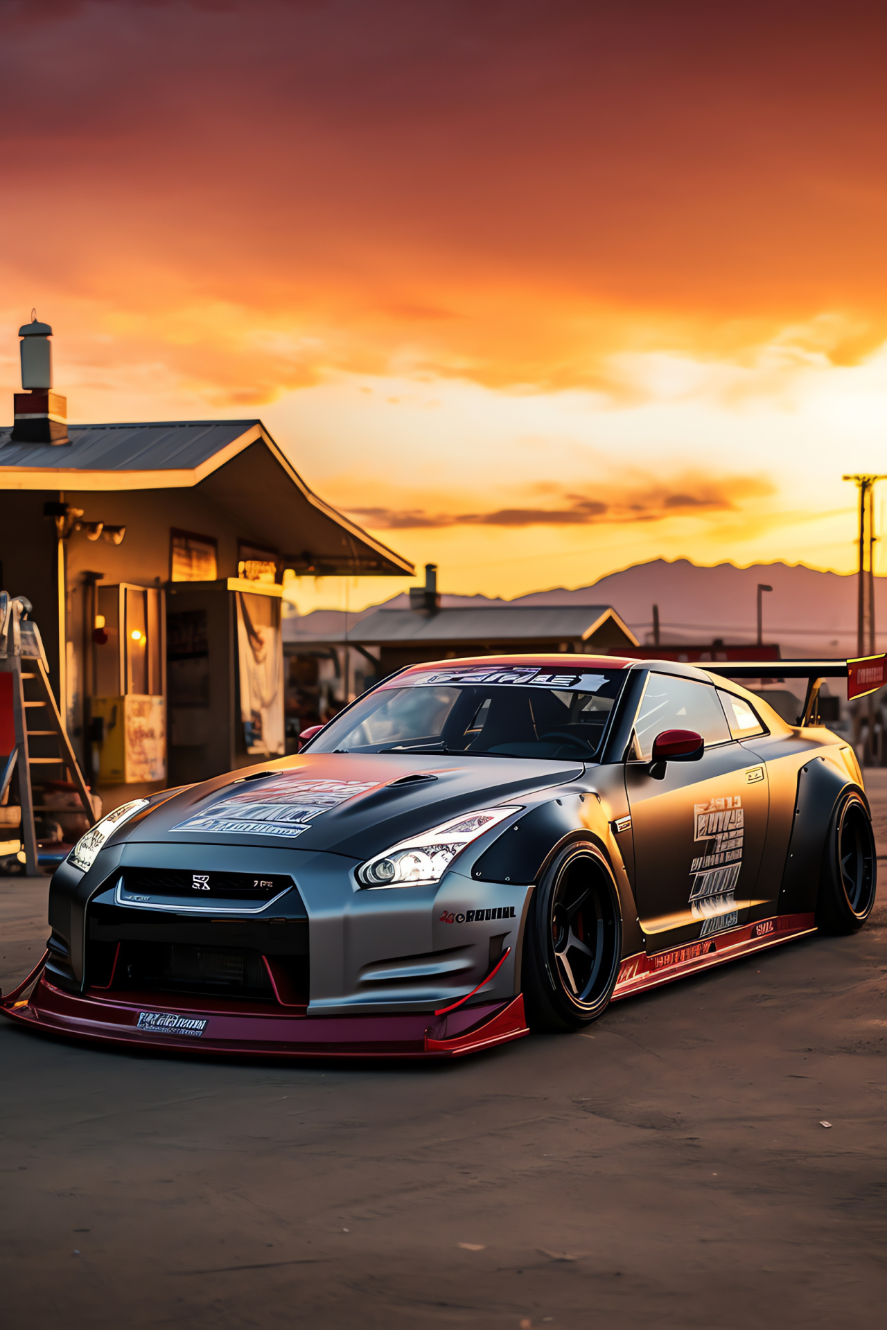 Nissan GTR Liberty Walk, Iconic Route 66, Engine roar ambiance, Americana sunset scene, Classic road stop, HD Phone Wallpaper