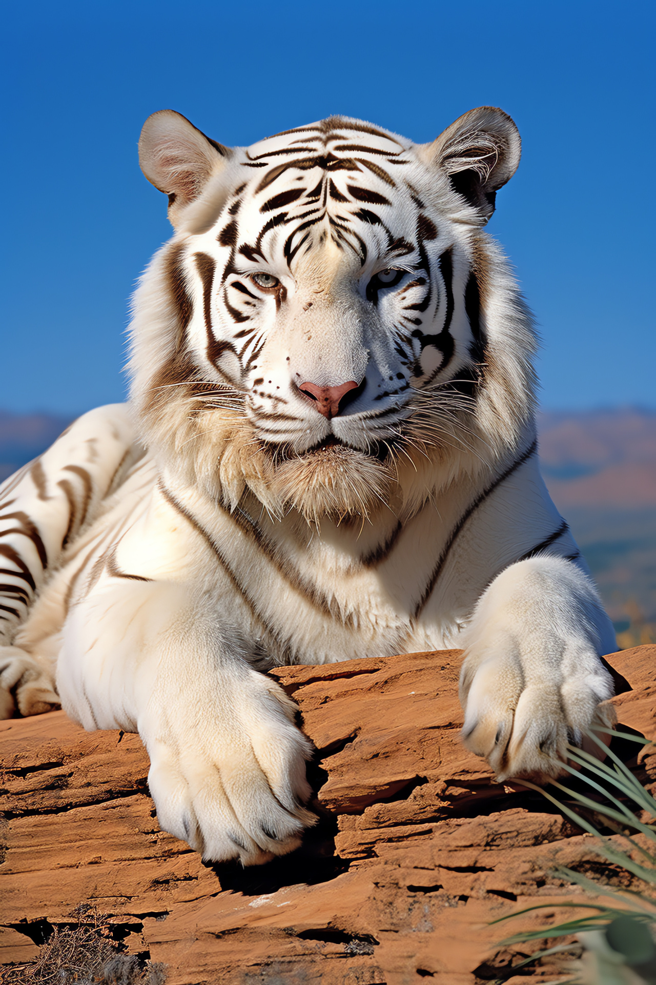 Rare white tiger, South Asian jungle terrain, Comprehensive animal shot, Regal feline, Eroded rock landscape, HD Phone Image