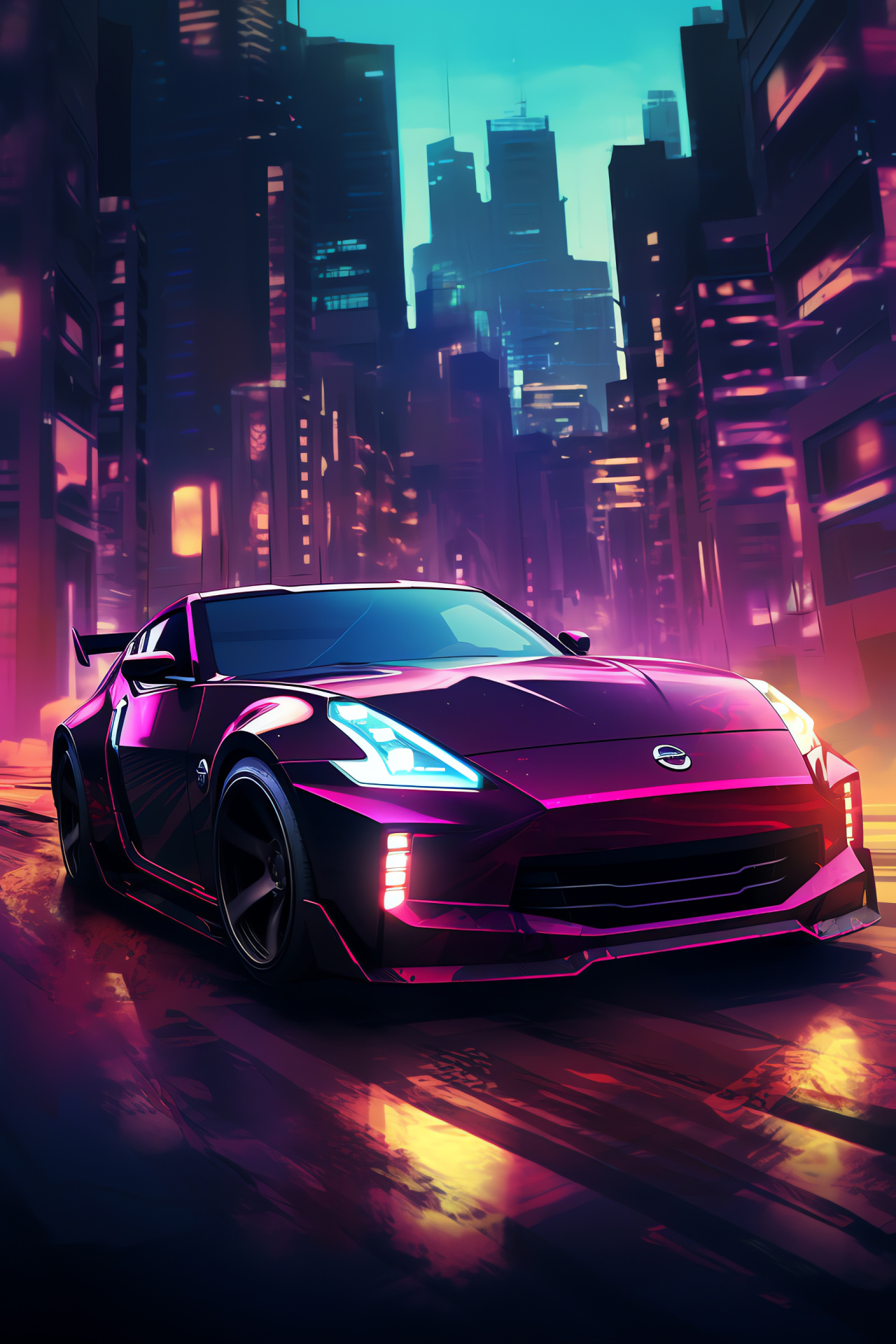 Nissan 370Z model, Metropolitan skyline aerials, Neo-noir city vibes, Advanced motoring experience, Car design finesse, HD Phone Wallpaper