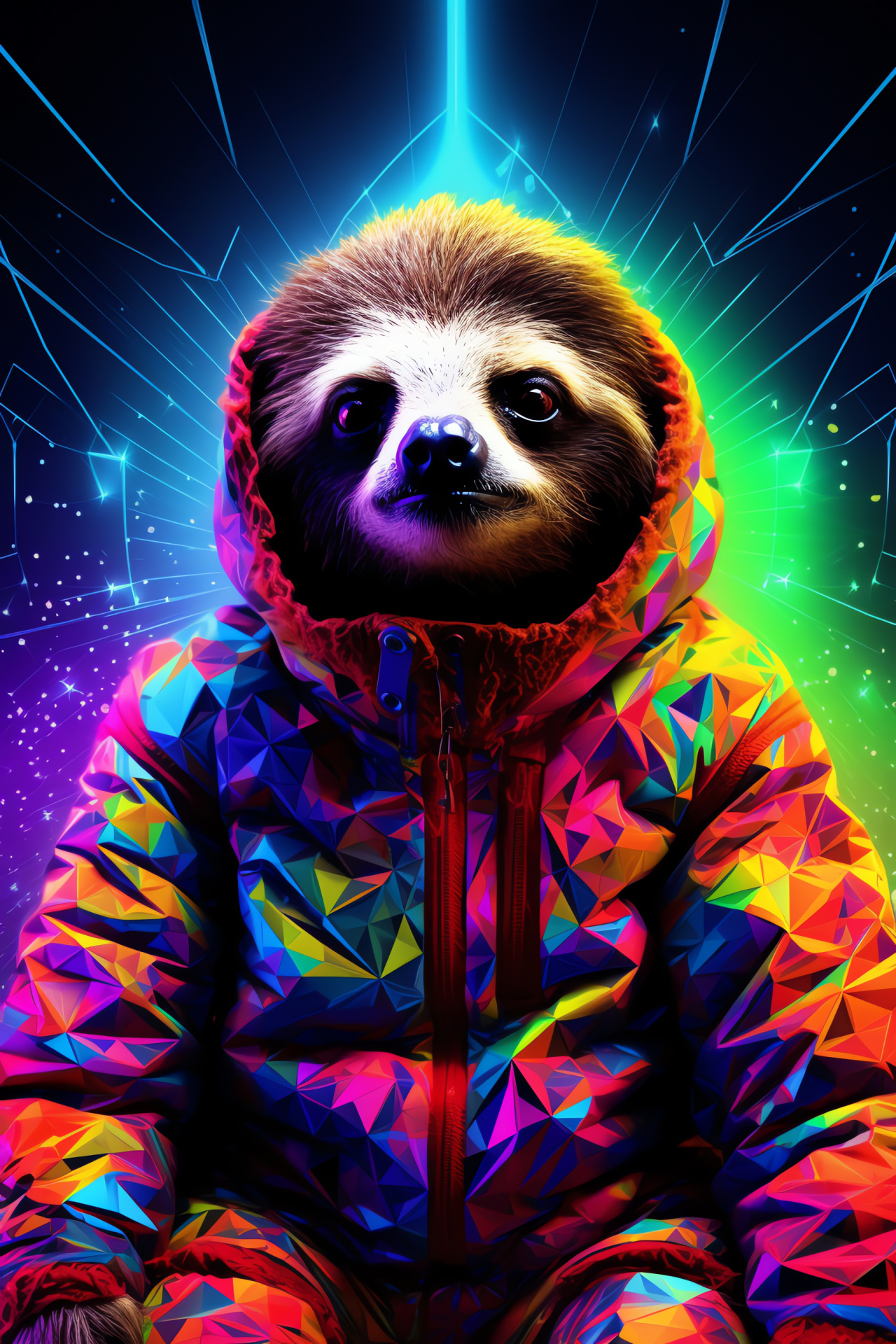 Illuminated Space Sloth, Vivid neon fur, Bright blue direct gaze, Luminous green eyes, Cosmic patterns, HD Phone Image