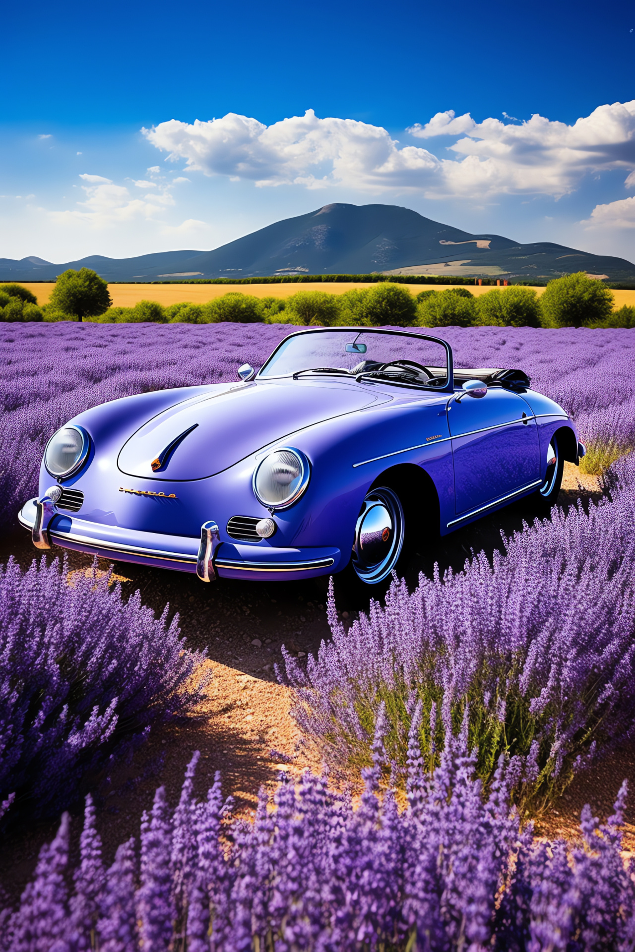 Porsche 356 Speedster, Provencal landscape, France lavender fields, Classic blue automobile, Pastoral backdrop, HD Phone Image