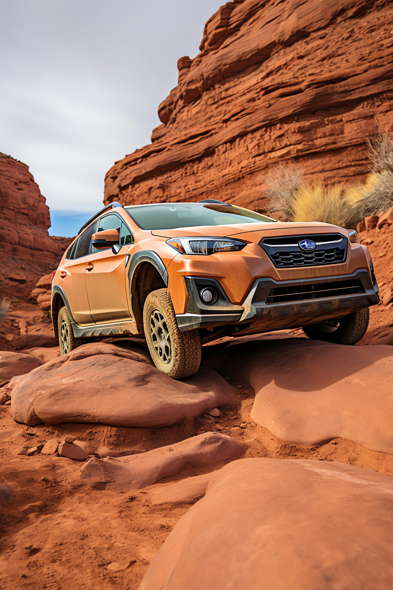 Subaru Crosstrek Outdoor, Moab scenery, Utah rugged paths, elevated suspension feature, all-terrain wheels, desert vista, HD Phone Image