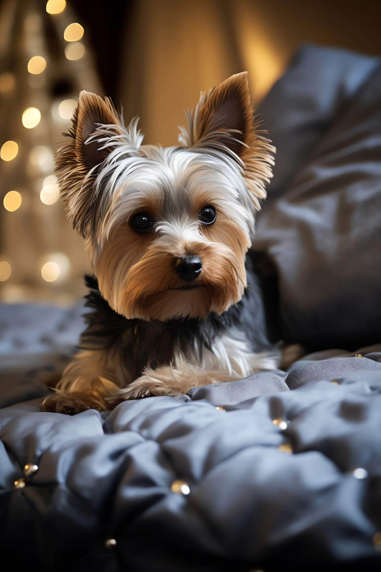 Yorkshire Terrier, Jet-black eyes, Neat canine texture, Gleaming silver, Muted graphite, HD Phone Image