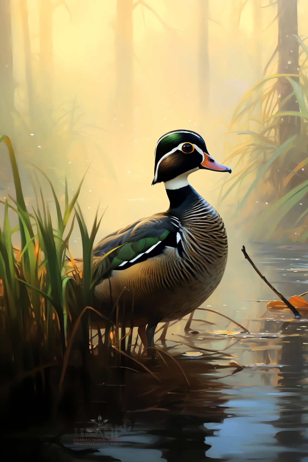 Wood Duck, marshland ambiance, avian texture, saturated feather shades, golden irises, HD Phone Image