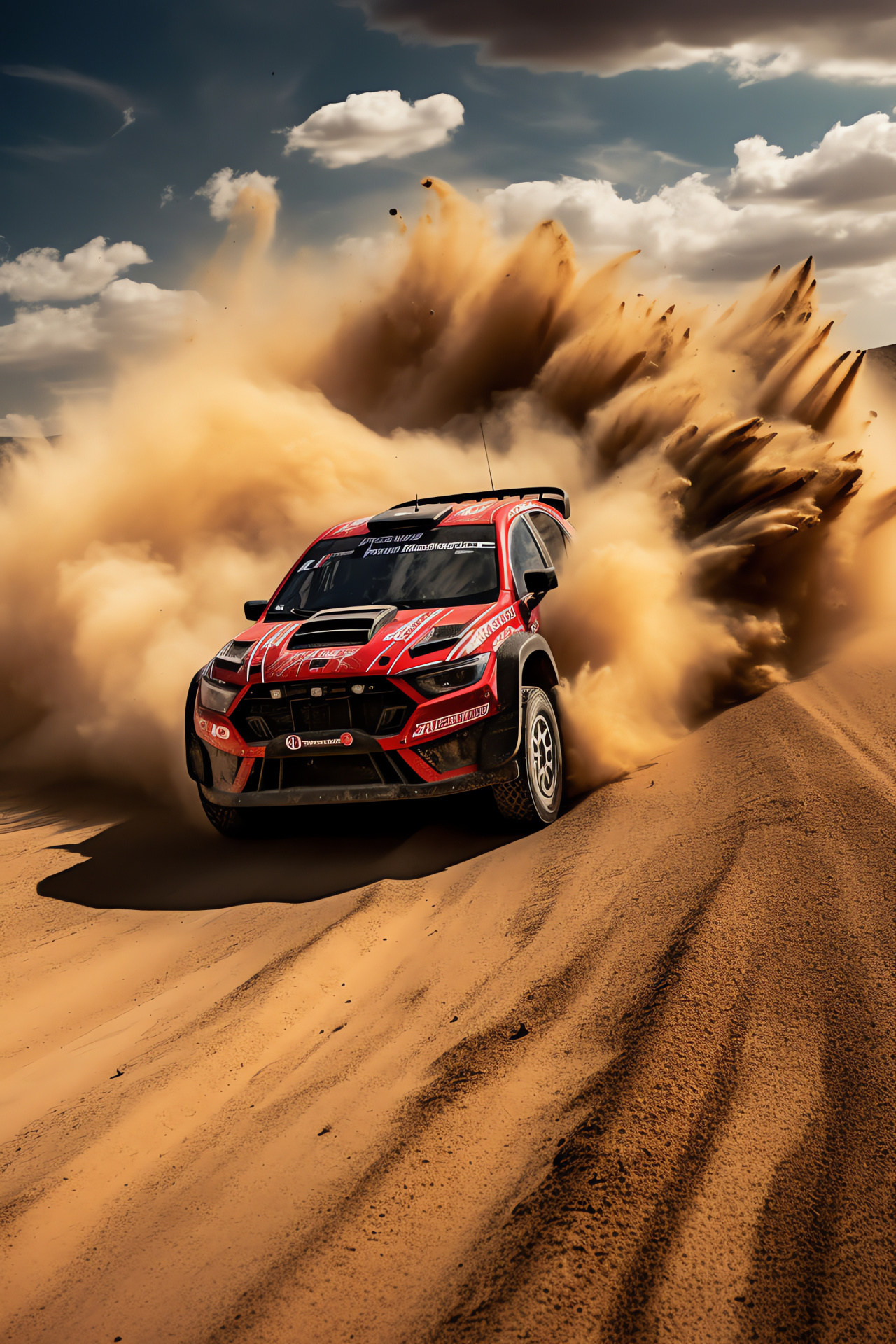 Dakar Rally competition, Off-road rally, Red and black graphics, Desert race dunes, Car suspension system, HD Phone Wallpaper