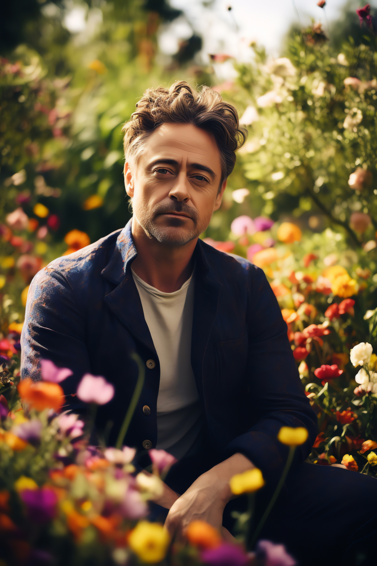 Robert Downey Jr, Botanical scenery, Floral variety, Vivid hues, Celebrity in nature, HD Phone Image