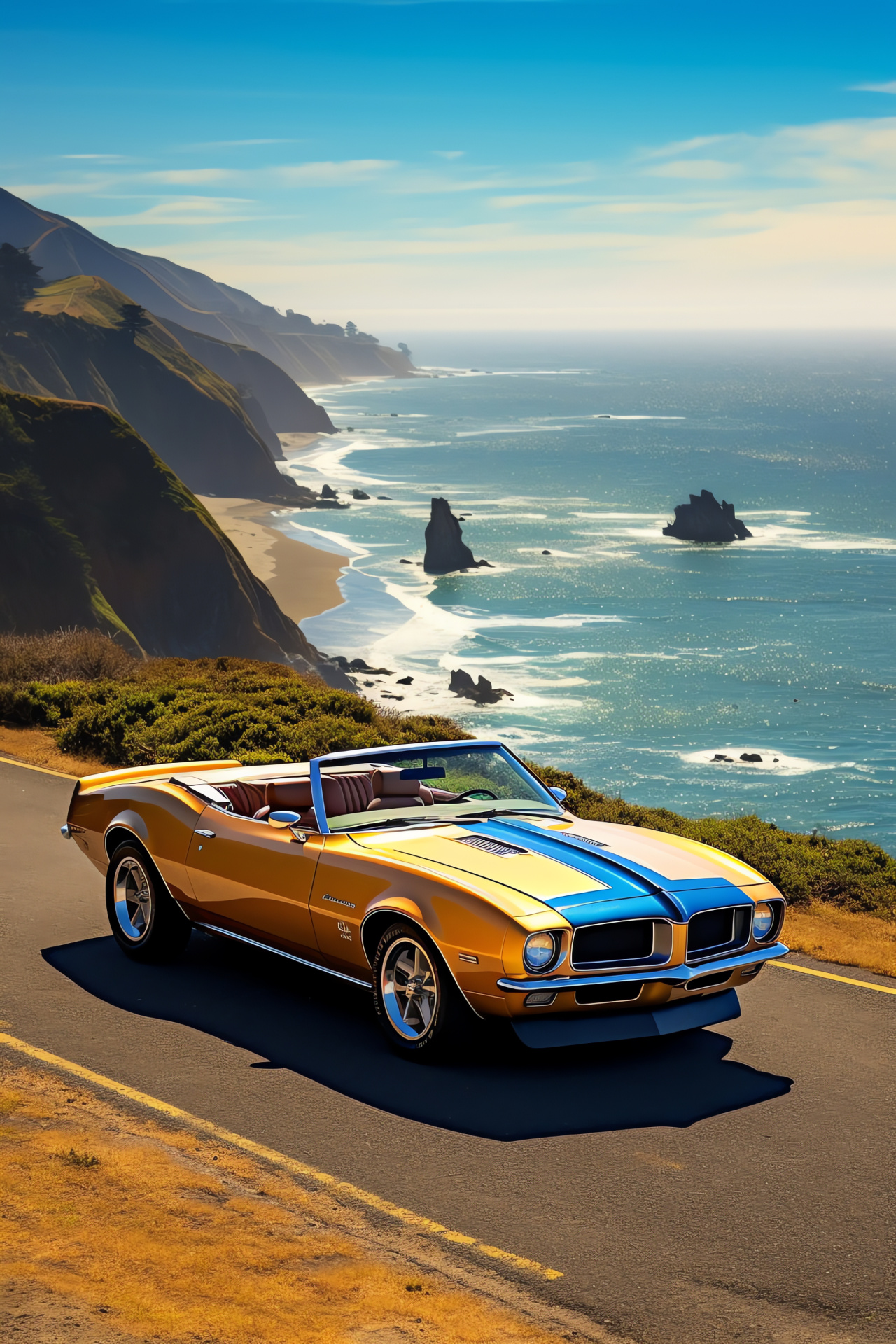 Pontiac Firebird Convertible, Scenic drive, Pacific highway, Open-top experience, Seaside route, HD Phone Wallpaper