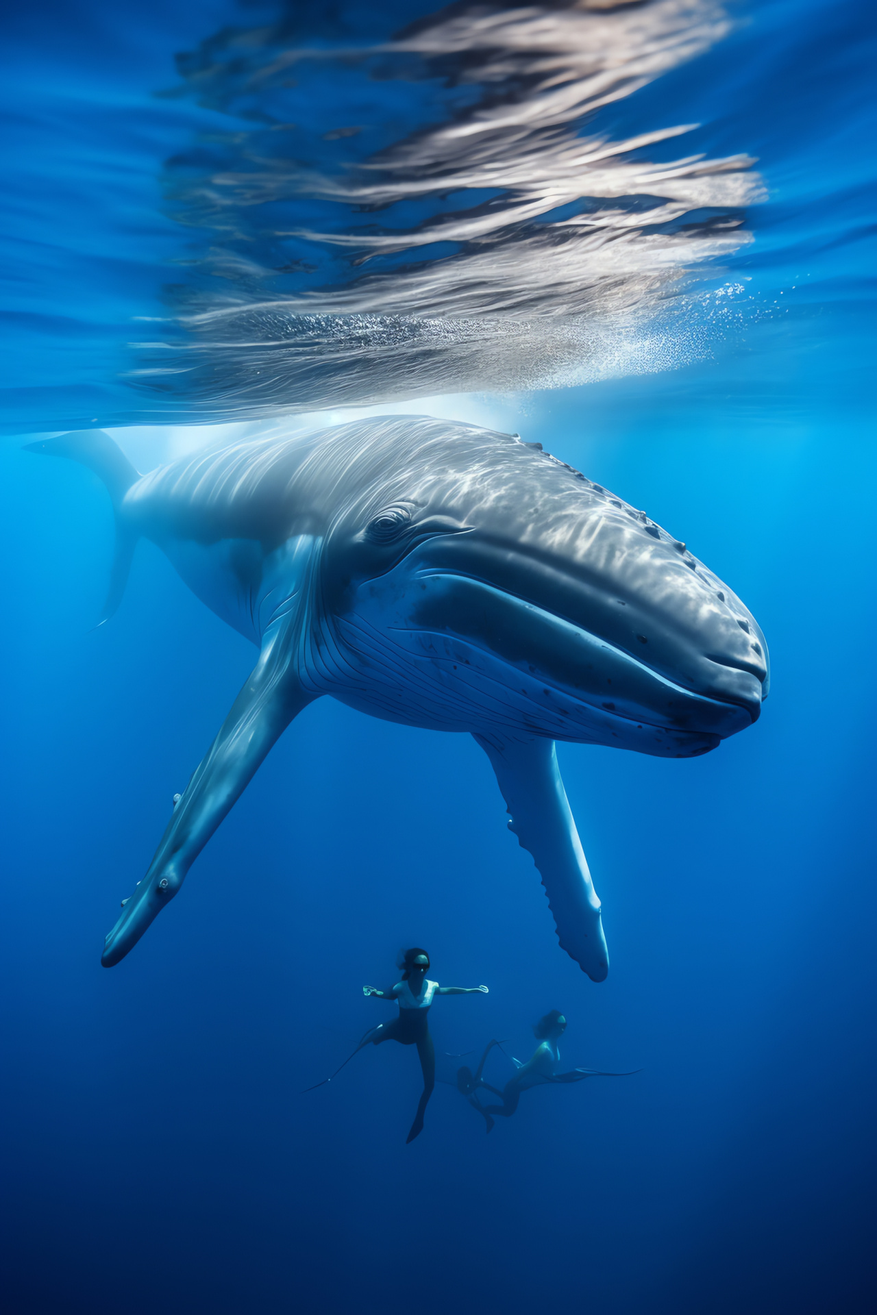 Giant Blue Whale, Galapagos marine life, School of dolphins, Colossal cetacean, Oceanic blue tone, HD Phone Image