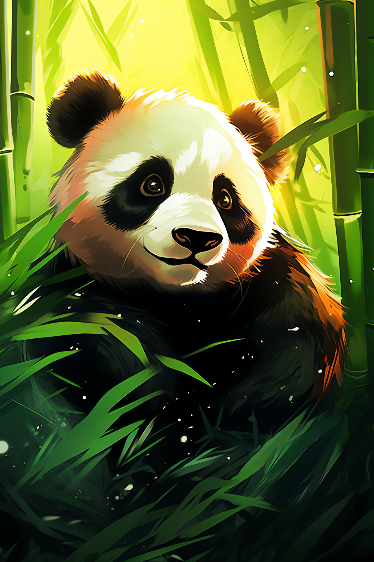 Panda Bear, bi-colored fur, amber gaze, bamboo eater, lush vegetation, HD Phone Wallpaper