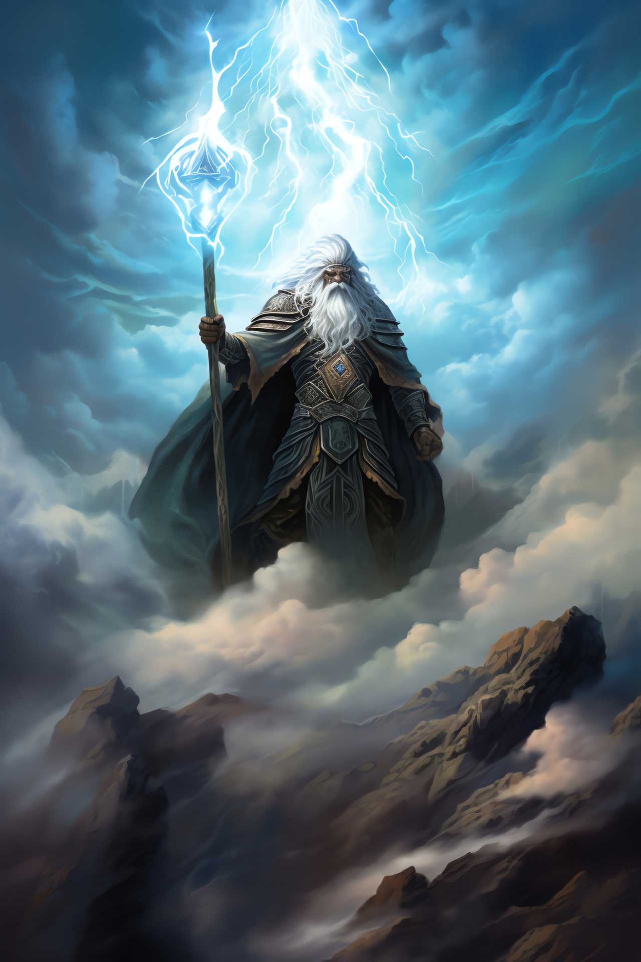 Wizard on pinnacle, Elemental Magic The Gathering, Azure-tinted dress, White clouds, Electric arcs, HD Phone Image