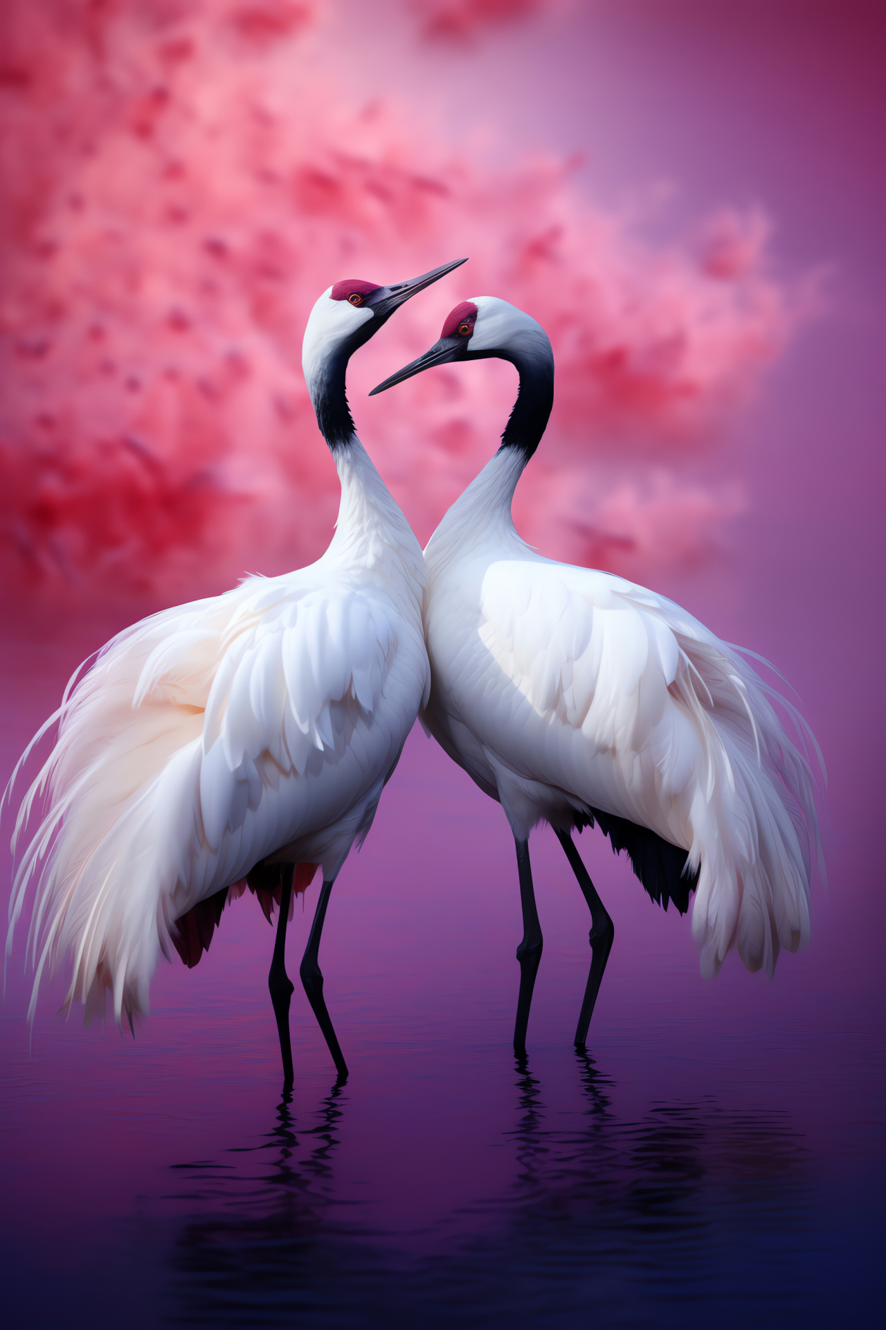 Cranes species group, Avian ritualistic movement, Two-tone background, Purple pink gradient, Aquatic birds, HD Phone Image