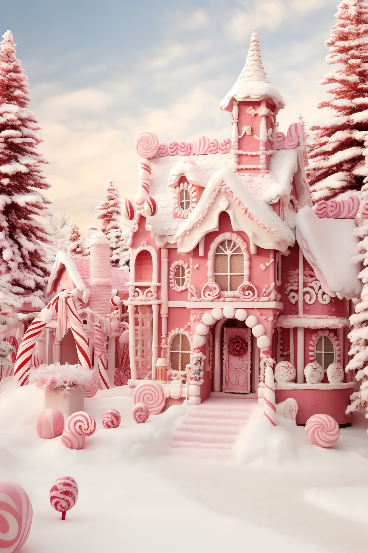 North Pole pink Christmas, Festive candy scenery, Elves at Santa's workshop, Reindeer prepping for flight, Christmas night magic, HD Phone Wallpaper