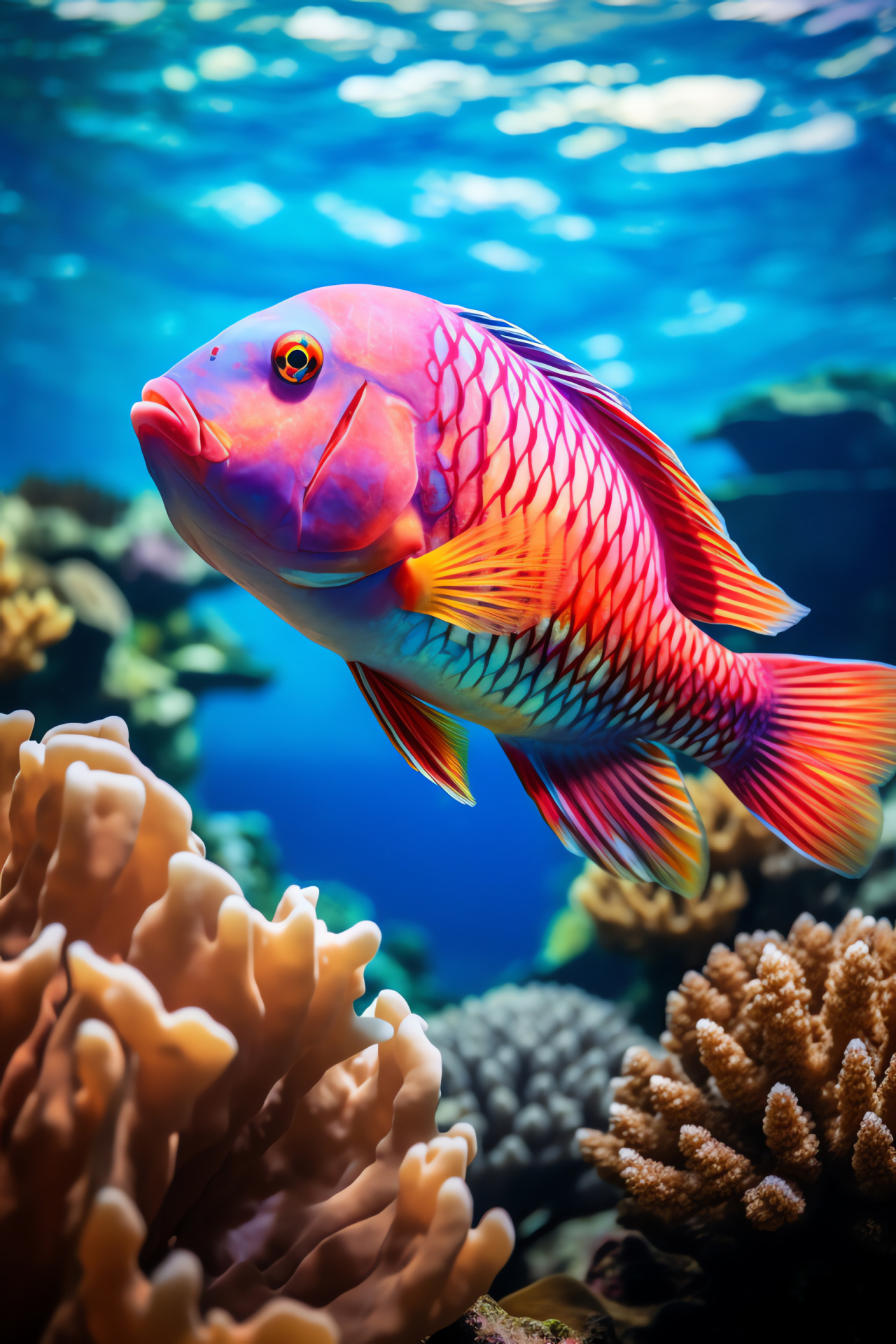 Tropical Parrotfish, Vibrant reef fish, Great Barrier Reef denizen, Coral ecosystem participant, Multicolored aquatic scales, HD Phone Wallpaper