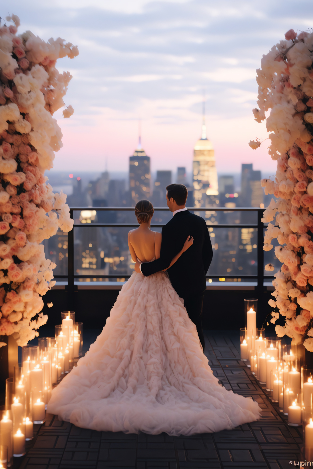 Urban rooftop wedding, Floral arrangements, Marriage ceremony, City skyline, Romantic celebration, HD Phone Image