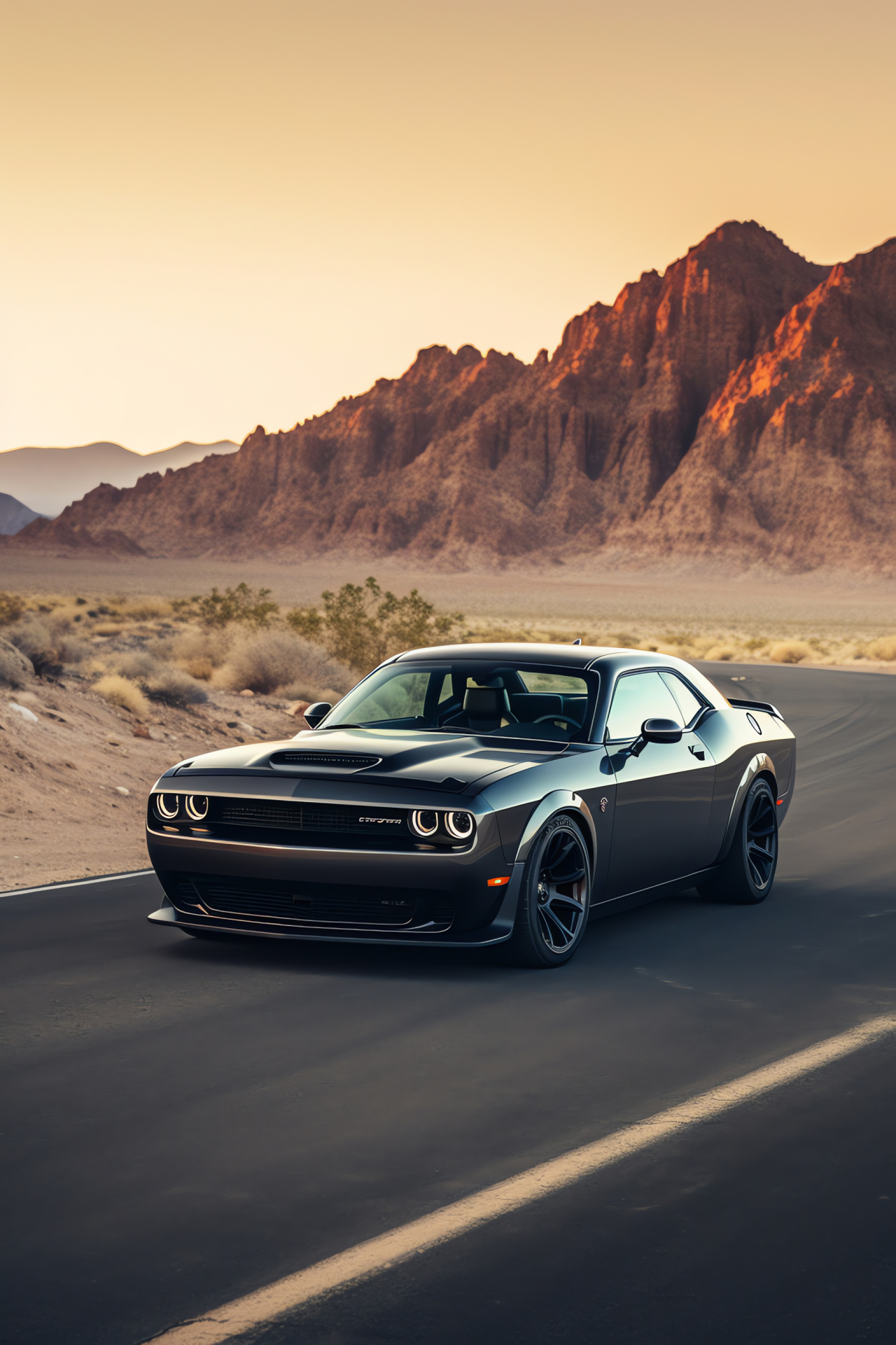 Dodge Challenger Hellcat, American Muscle, Desert Cruising, Supercharged Powerhouse, Monumental Journey, HD Phone Wallpaper