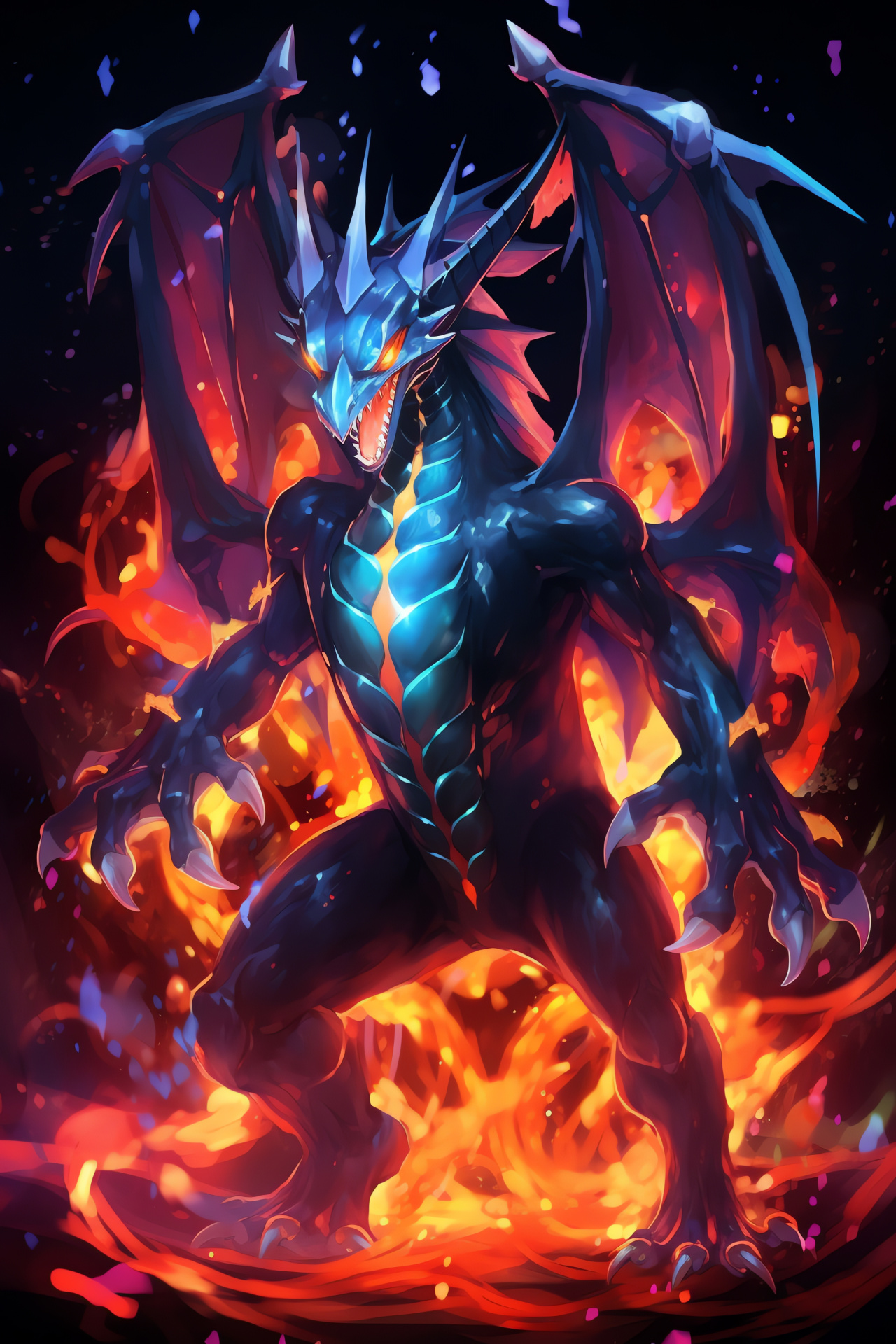 Charizard flames, Orange hues, Spread wings, Dominant display, Fabled Pokemon, HD Phone Image