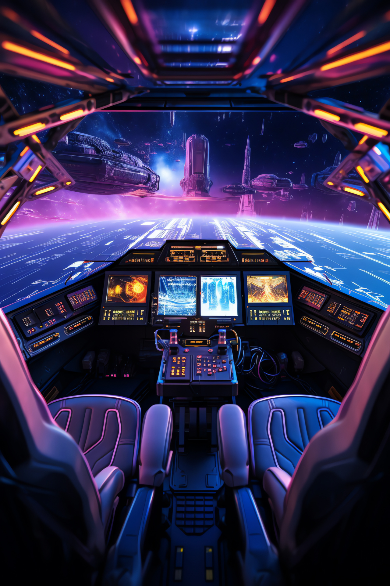 Pilot control panorama, Future tech flight deck, Navigational sophistication, Sleek interior surface, Luminous console ambiance, HD Phone Wallpaper