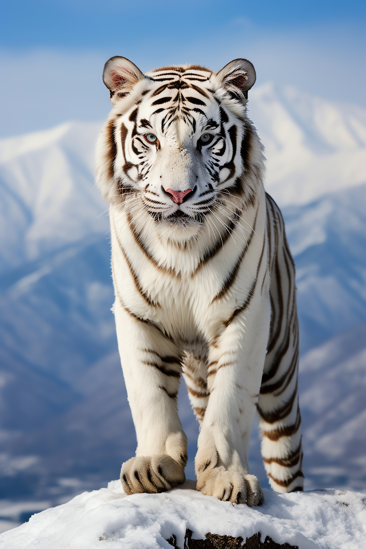 Snowy White Bengal Tiger, Intense feline gaze, Alabaster fur, Mountainous habitat, Mist effect, HD Phone Wallpaper