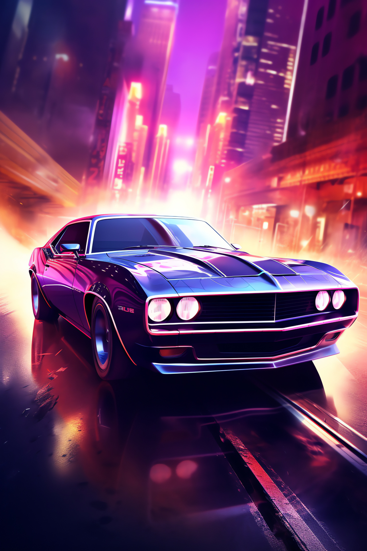 Vintage car atmosphere, Neon urban glamour, Classic car vibes, Retro city cruising, Nostalgic night drive, HD Phone Image