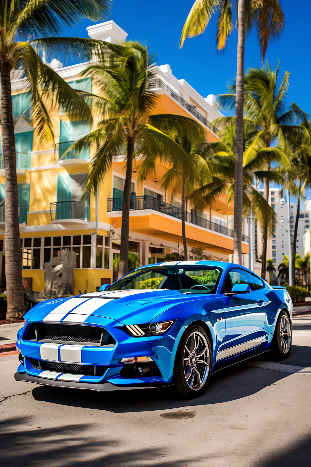 Ford Mustang GT350, Miami Beach Flair, South Beach Style, Electric Blue Paint, Historic Architecture, HD Phone Image